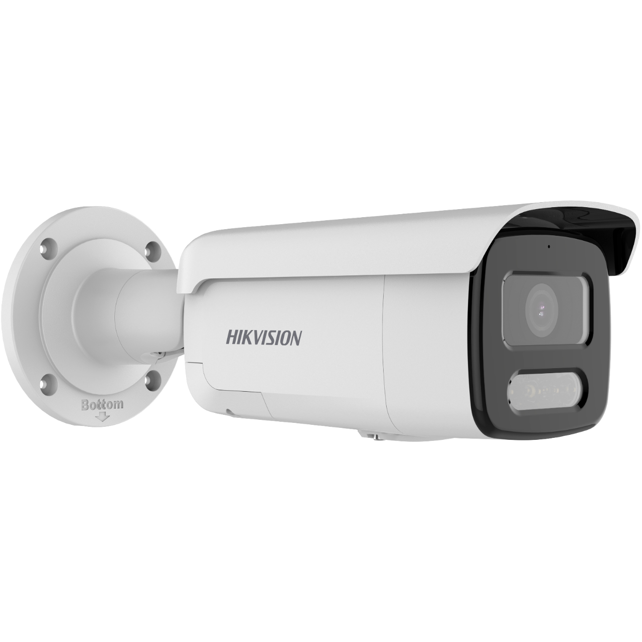 Telecamera di sicurezza bianca, forma cilindrica, montata su base rotonda. Logo HIKVISION sul corpo.