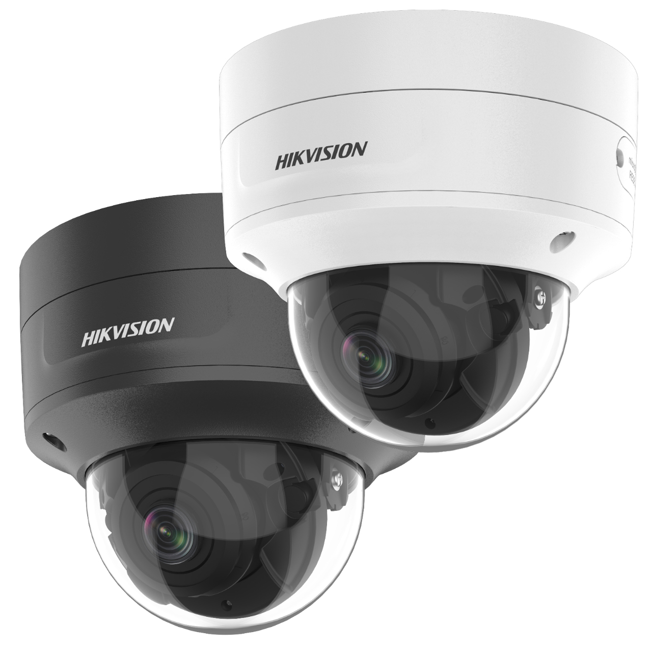 Two dome cameras, one black, one white. Both have a clear dome and the Hikvision logo.