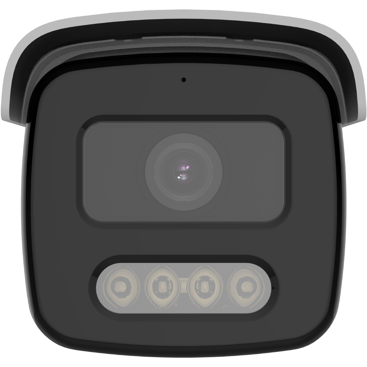 Telecamera di sicurezza bianca con parte anteriore nera. Ha un obiettivo e quattro piccoli obiettivi in basso.