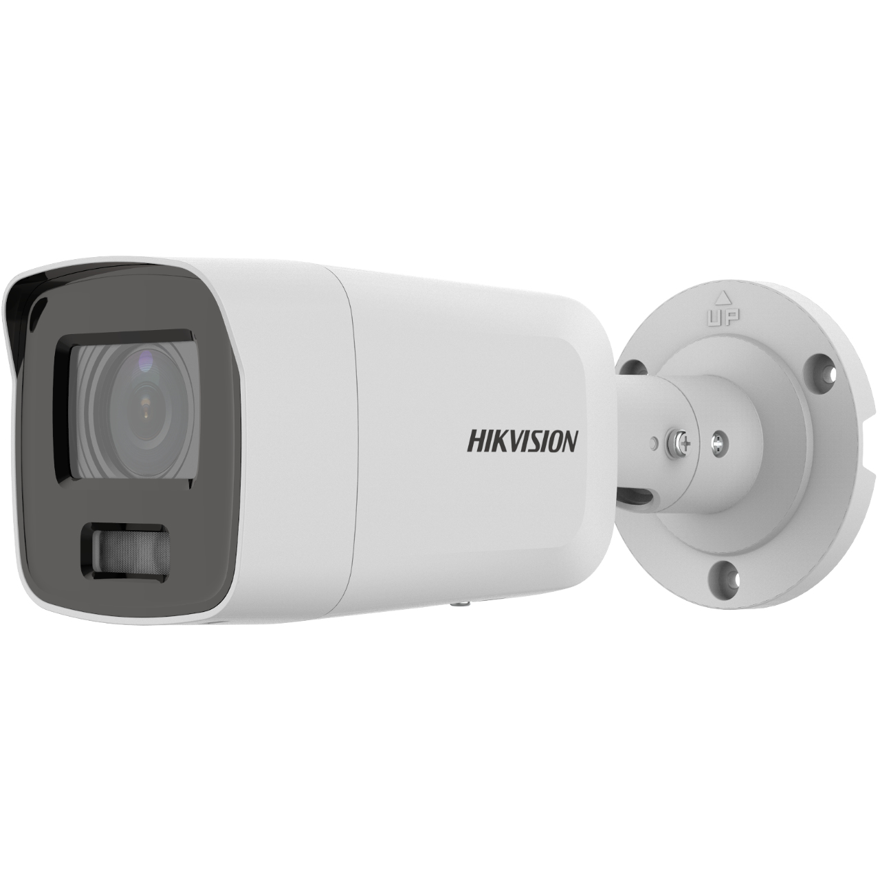 White security camera with 'Hikvision' logo. Cylindrical shape, mounted on a wall, with a lens.