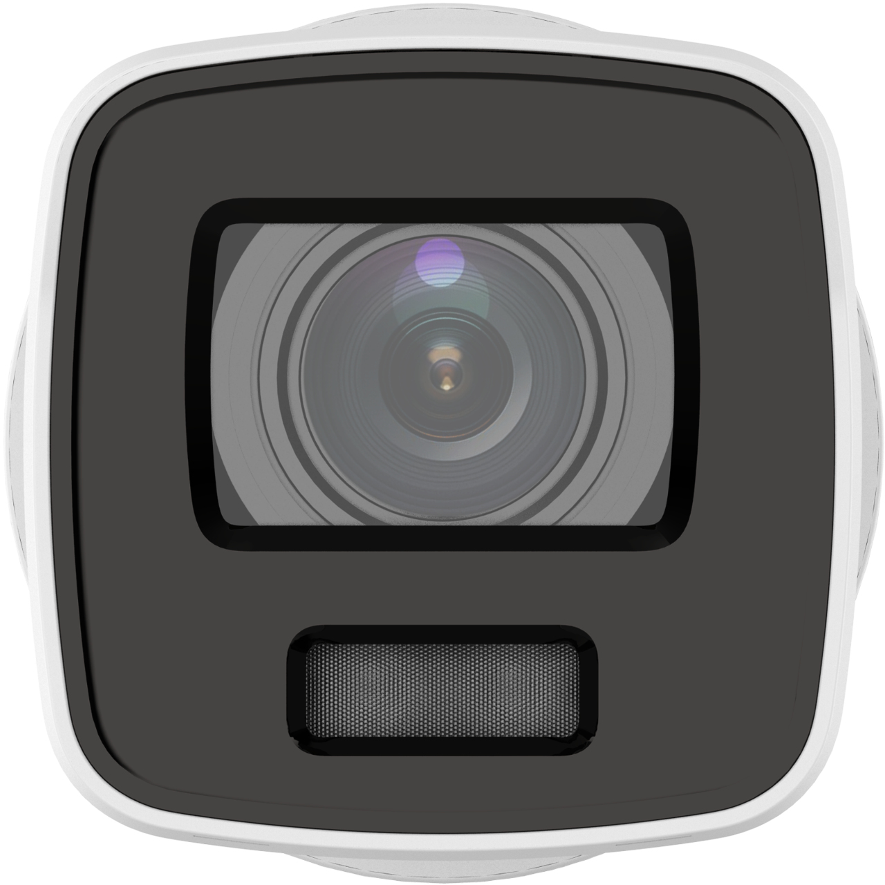 A security camera with a black lens area and a white frame. It has a mesh area at the bottom.