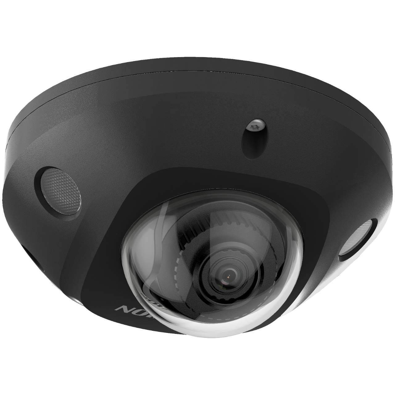 Telecamera di sicurezza nera con copertura dell'obiettivo a forma di cupola. Ha più piccoli sensori circolari.