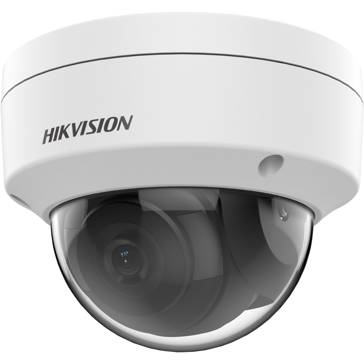 Biała kopułkowa kamera bezpieczeństwa z logo HIKVISION, widok od dołu.