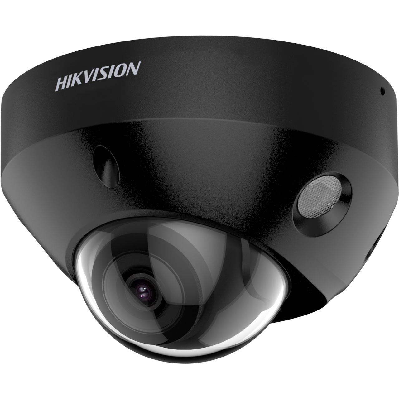 Telecamera a cupola Hikvision nera con cupola trasparente. Ha forma rotonda ed è montata a soffitto.