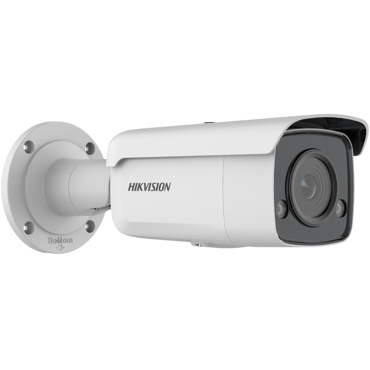 Telecamera di sicurezza bianca montata a parete. La scritta HIKVISION è sul corpo della telecamera.