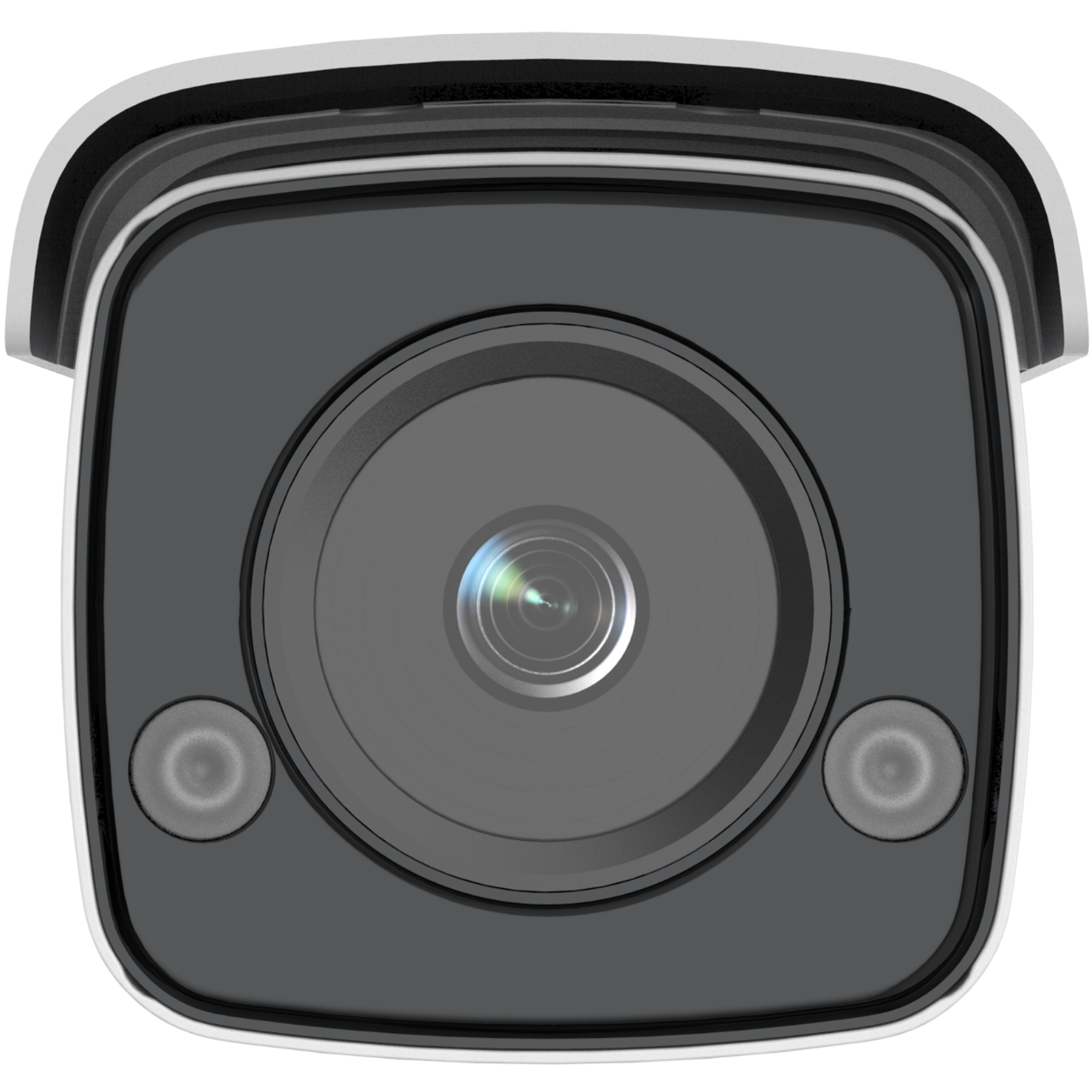 Telecamera di sicurezza in bianco e nero con obiettivo e due luci, montata a parete.