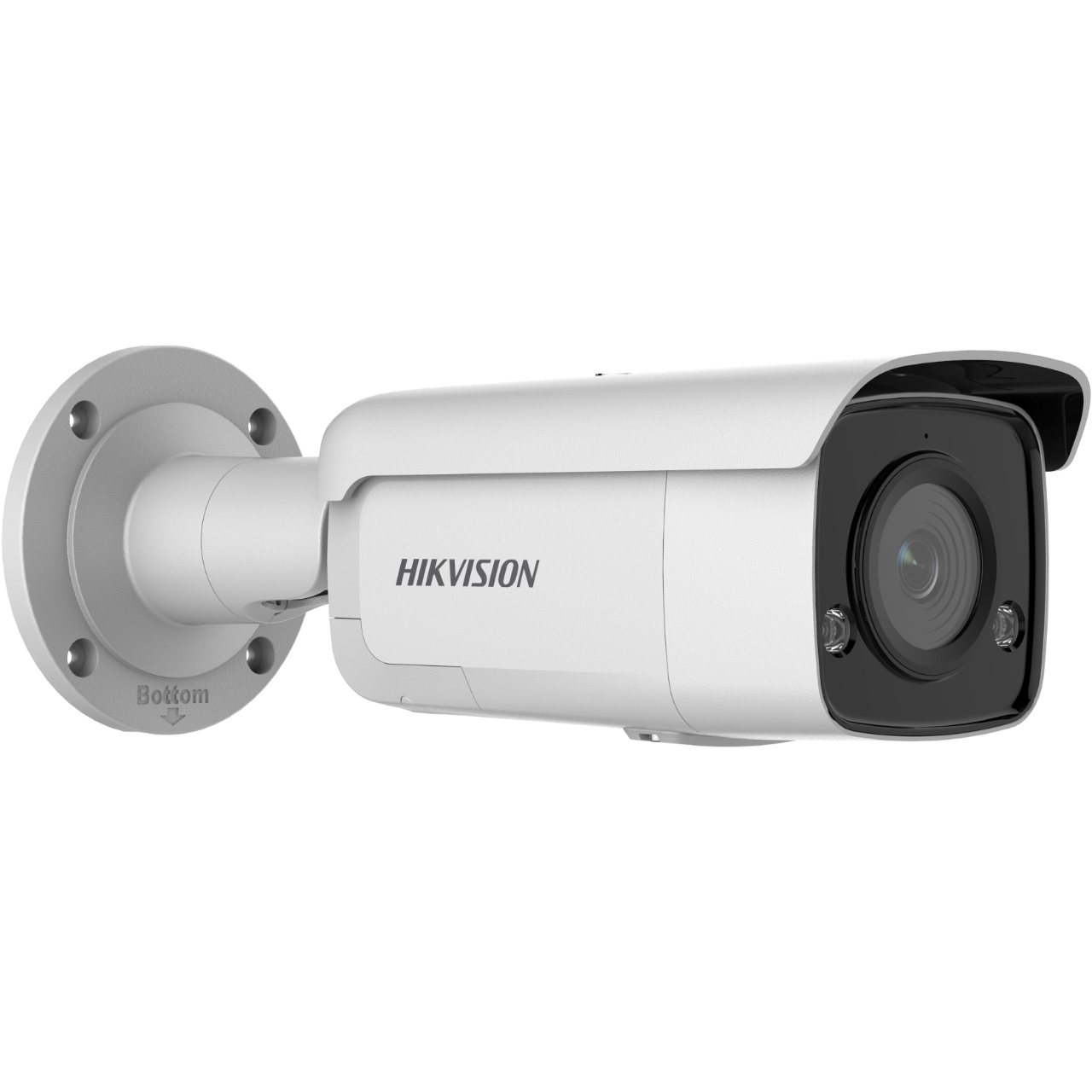 Telecamera di sicurezza bianca montata a parete. Ha un obiettivo nero e la parola HIKVISION.