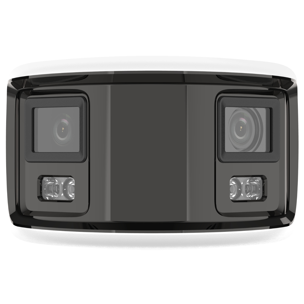 Kamera bezpieczeństwa z dwoma obiektywami. Kształt jest prostokątny, z lampkami na dole.