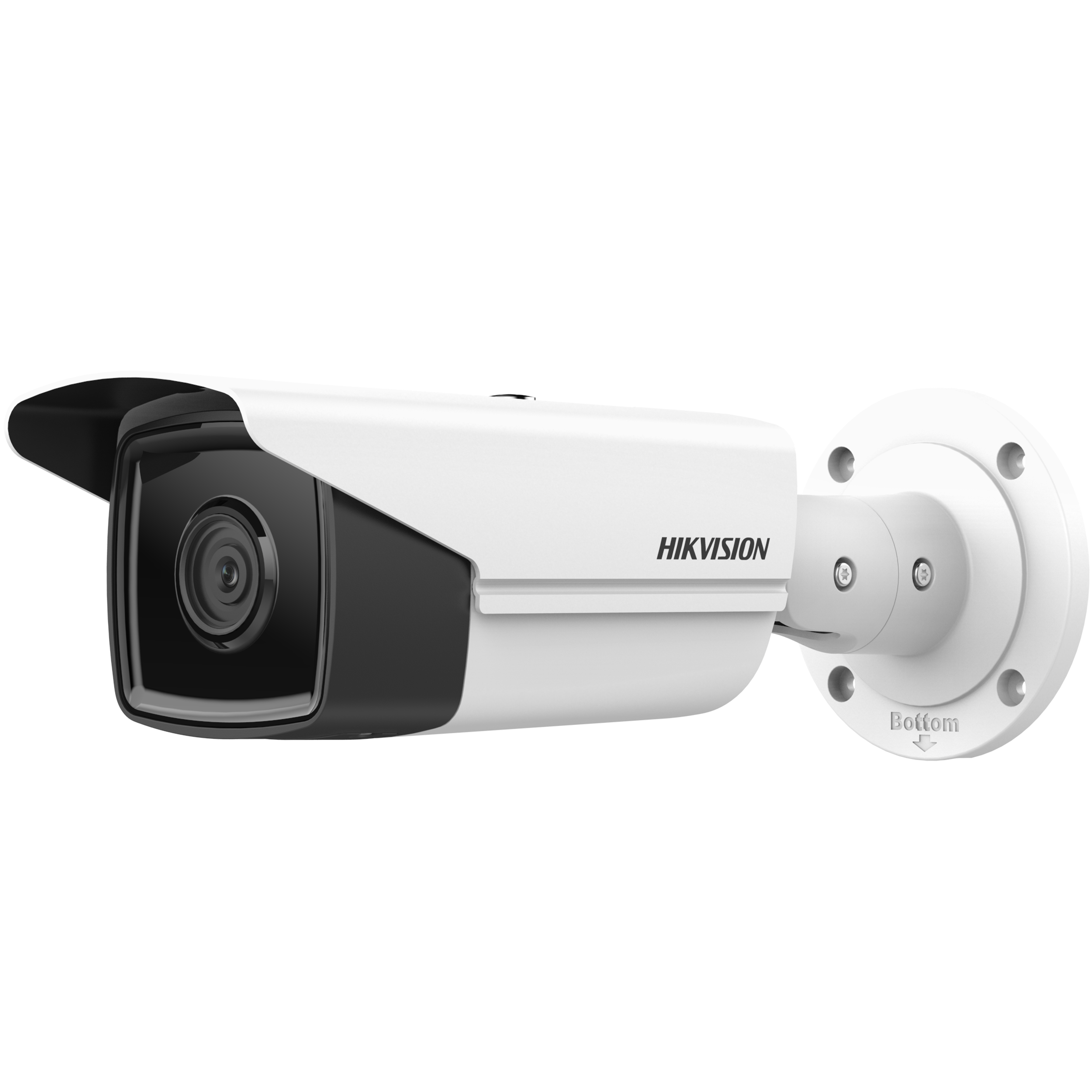 Telecamera di sicurezza bianca e nera con il logo Hikvision. Ha un obiettivo ed è montata su una base bianca.