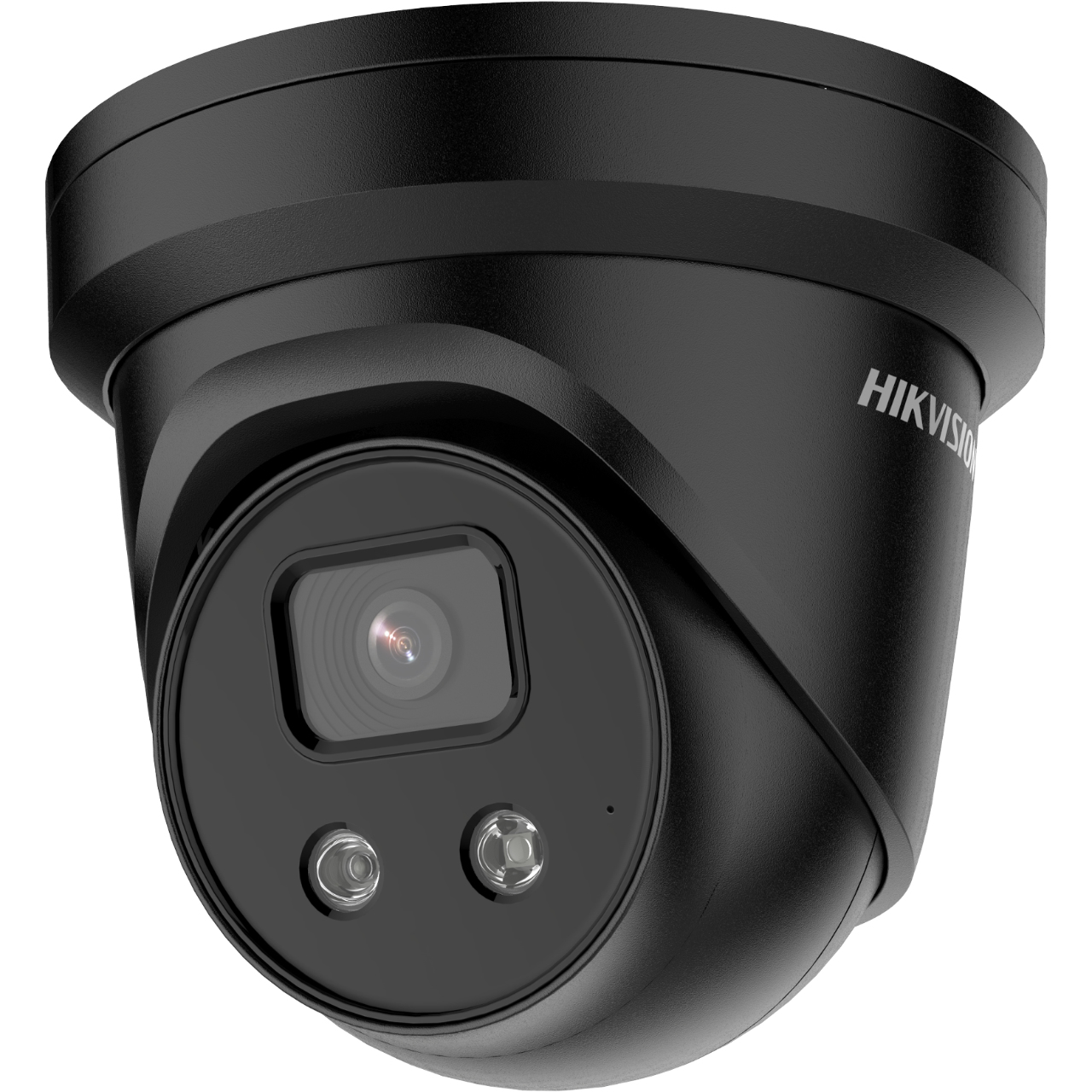 Telecamera di sicurezza a cupola nera con logo 'Hikvision'. Ha forma rotonda e lente.