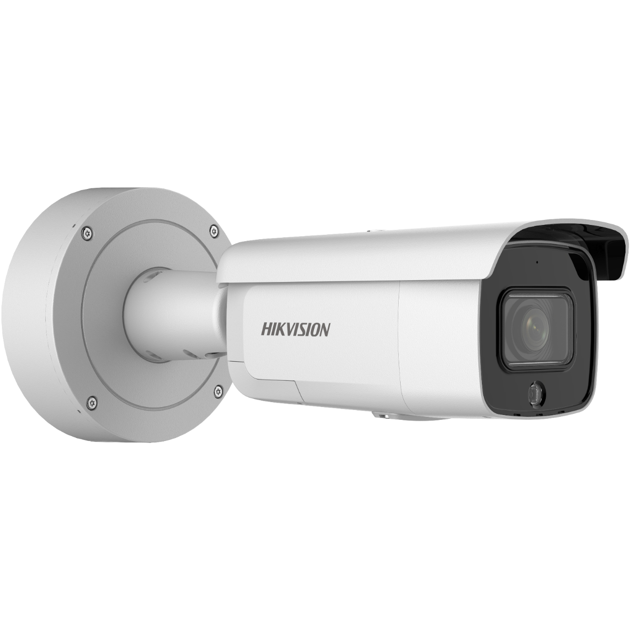Telecamera di sicurezza Hikvision bianca e nera montata su un muro, con logo visibile.