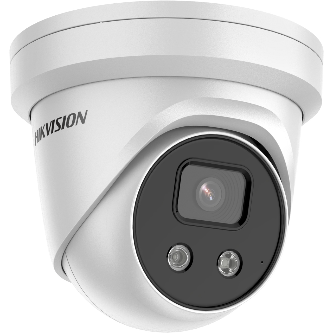 Telecamera di sicurezza dome Hikvision bianca, lente nera, montata su soffitto bianco.