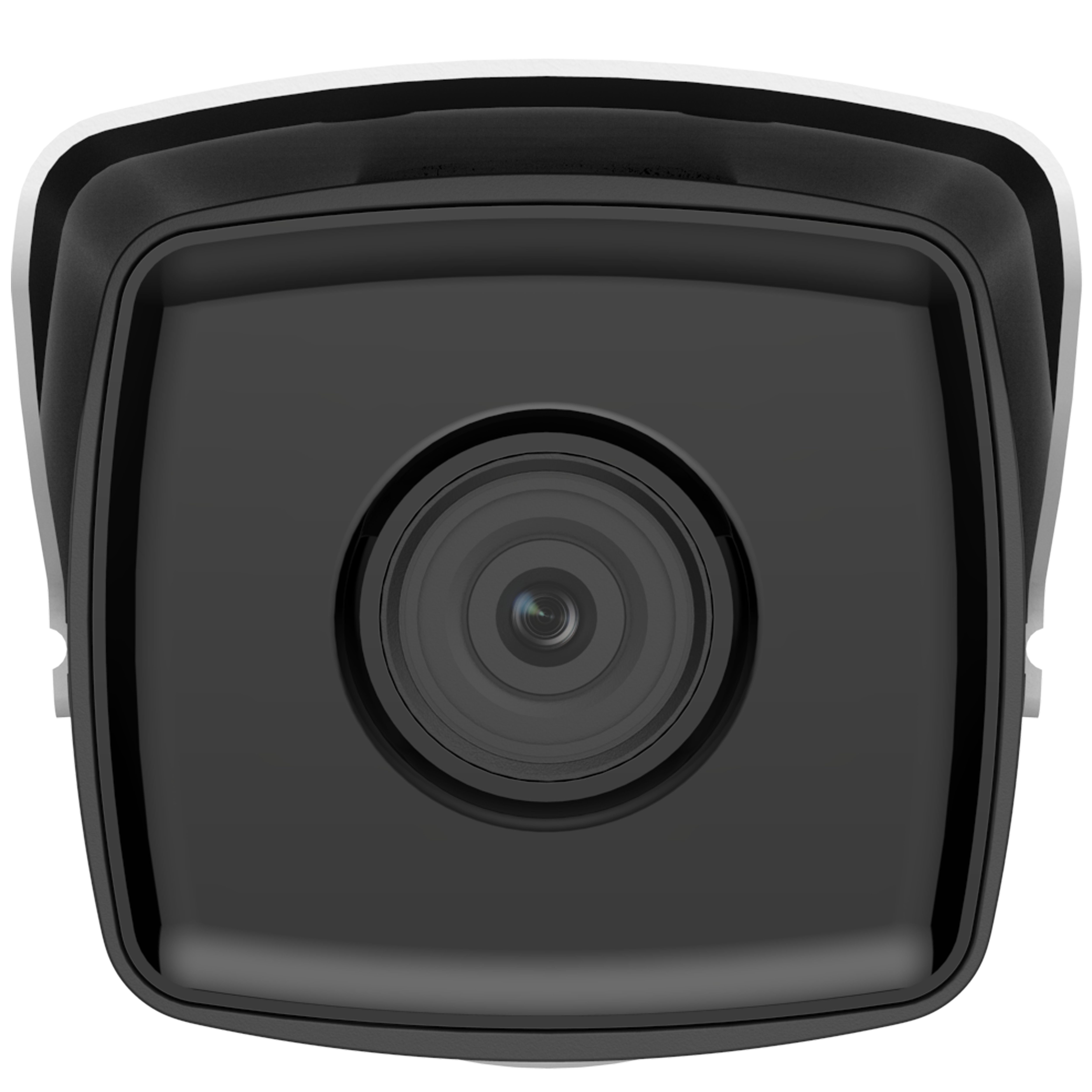 Primo piano di una fotocamera nera quadrata con lente nera, su sfondo bianco.