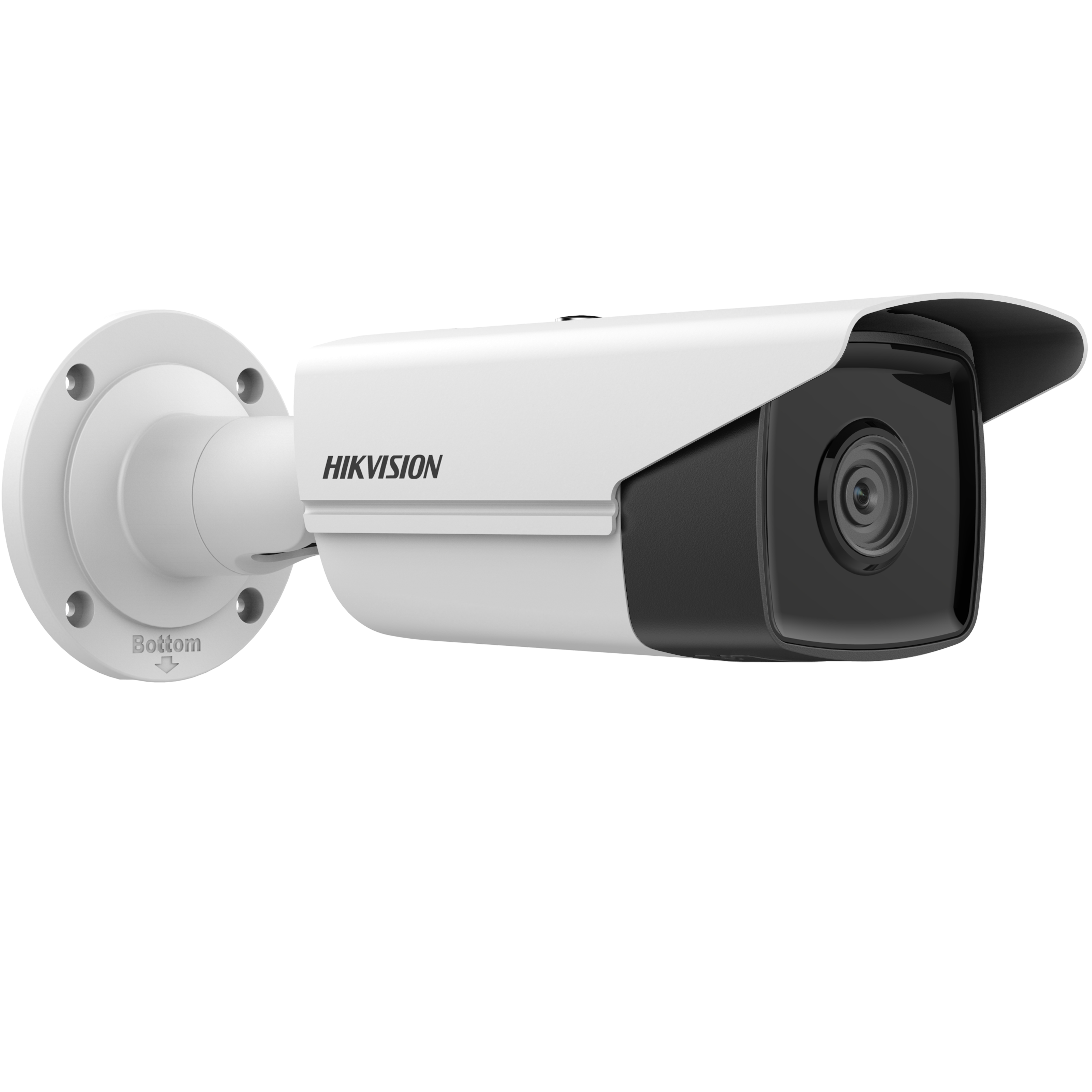 Telecamera Hikvision bianca con lente nera, montata su base bianca, su sfondo bianco.