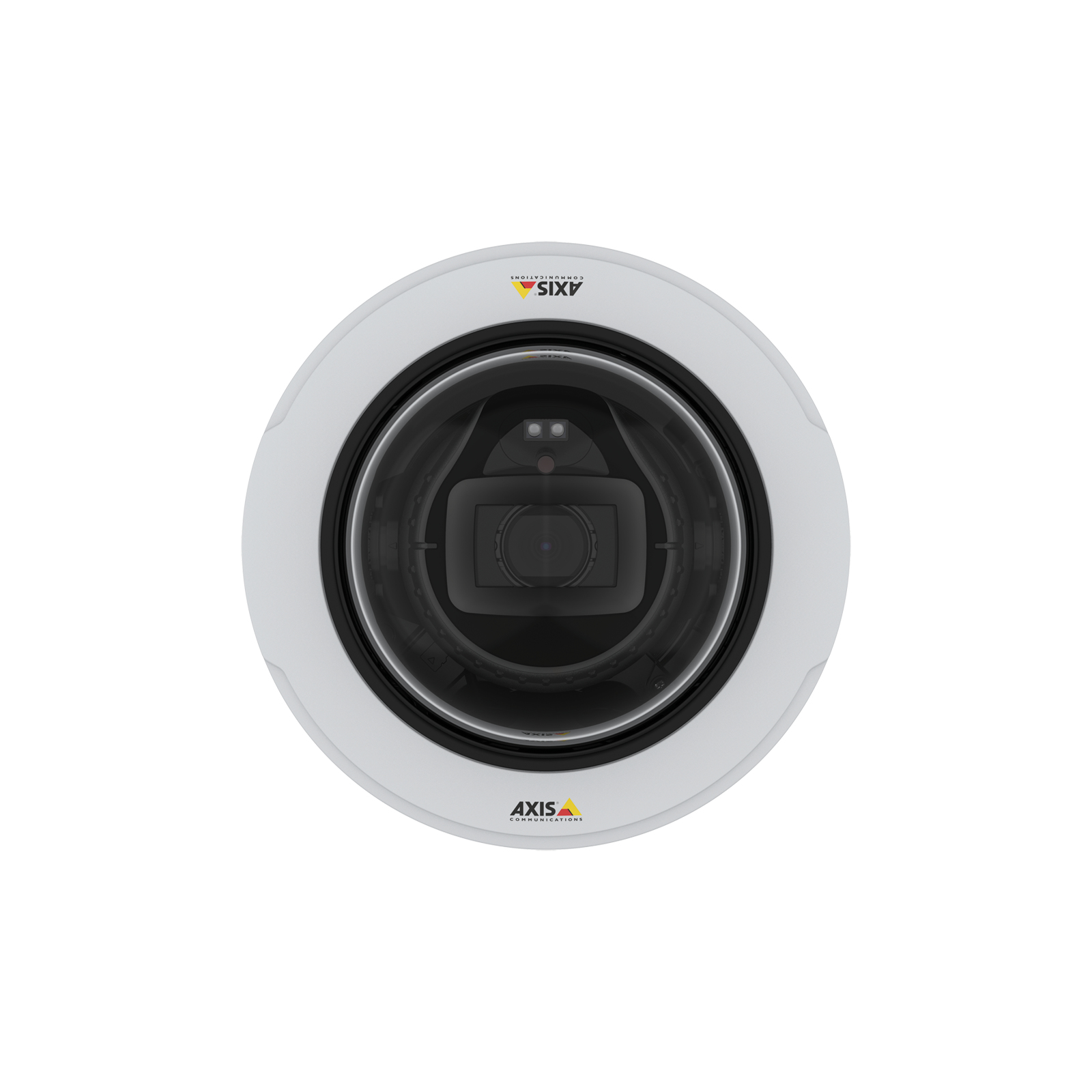 Biała kamera bezpieczeństwa Axis, czarna kopuła, żółte logo Axis, na białym tle.