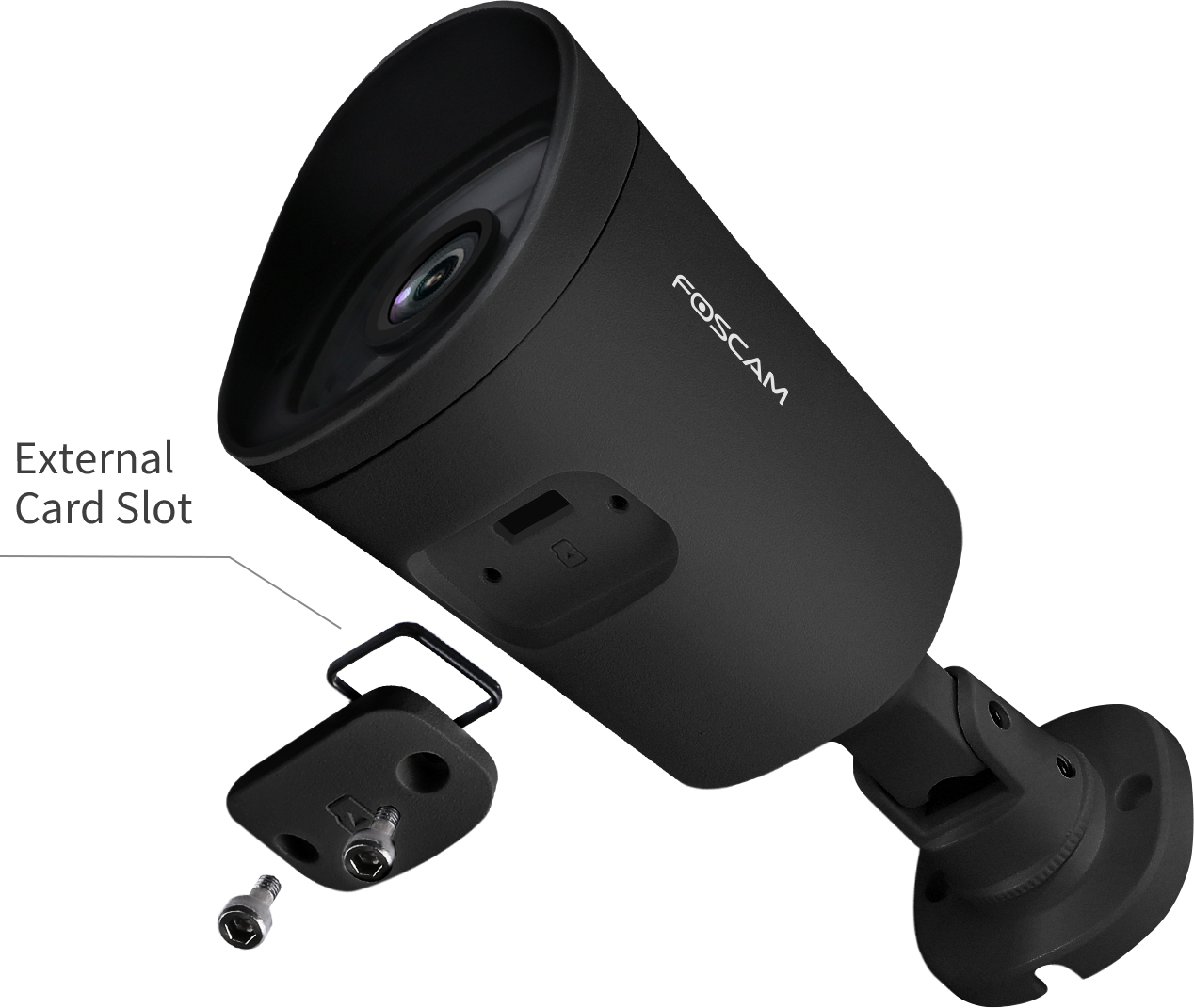 Czarna kamera bezpieczeństwa Foscam z zewnętrznym gniazdem kart, na białym tle.