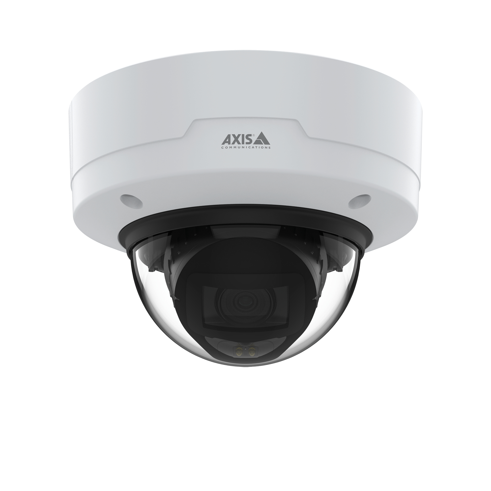 Biała kamera bezpieczeństwa Axis, czarna kopuła, na białym tle.