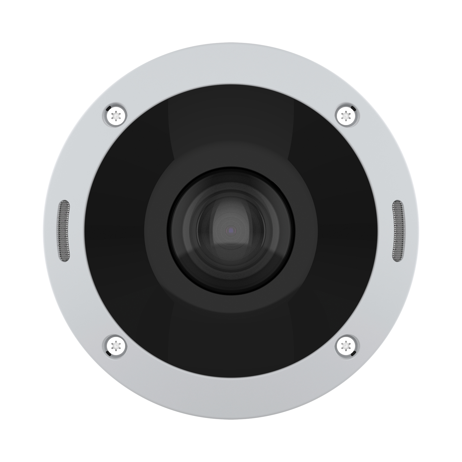Widok z góry na kamerę bezpieczeństwa z czarnym obiektywem, otoczoną przez biały.