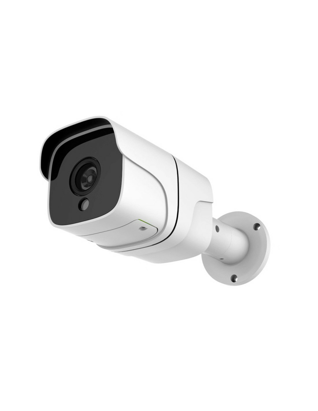 Biała kamera bezpieczeństwa z czarnym obiektywem. Kamera jest zamontowana na białej ścianie.