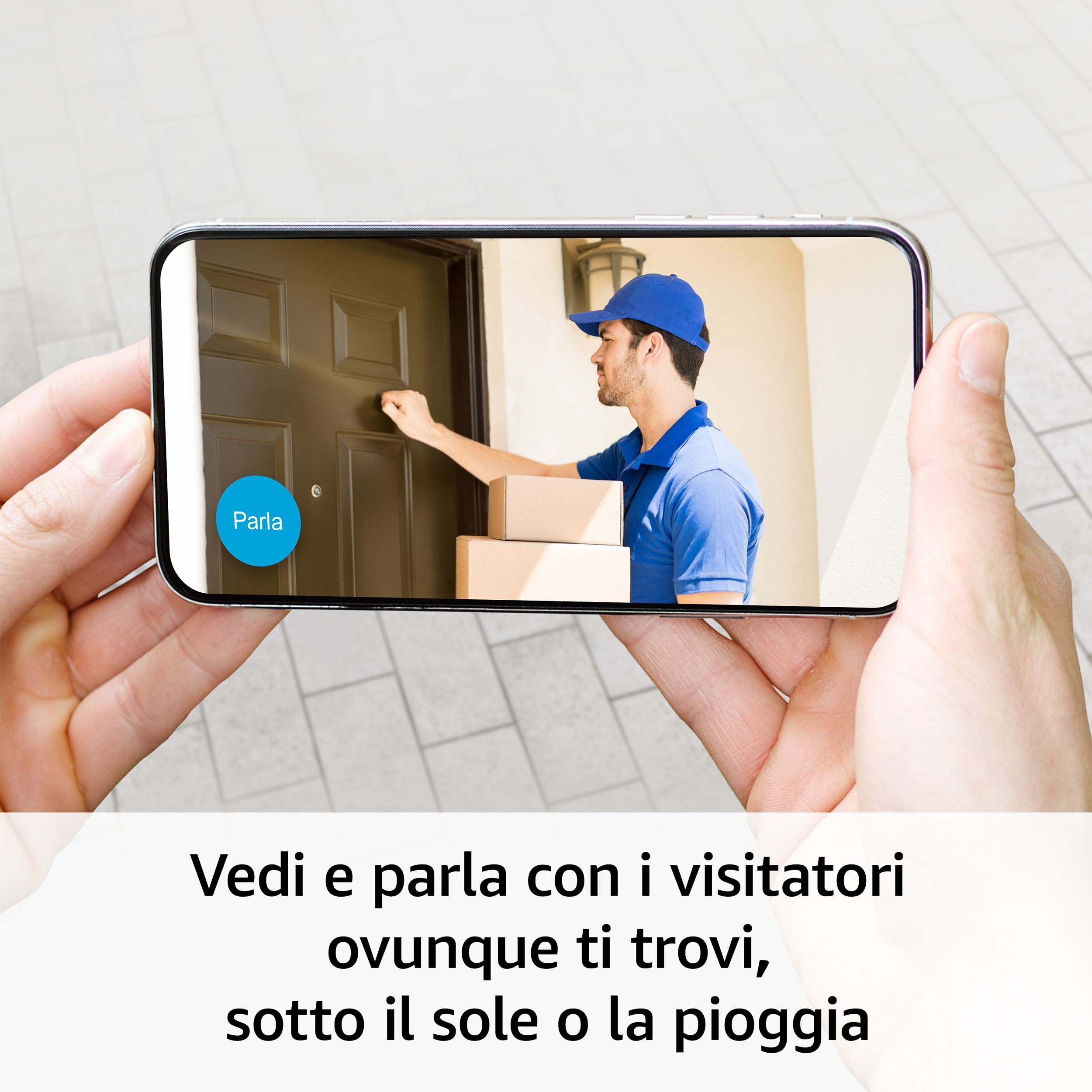 Una pantalla de teléfono que muestra a una persona recibiendo paquetes, con manos sosteniendo el teléfono.