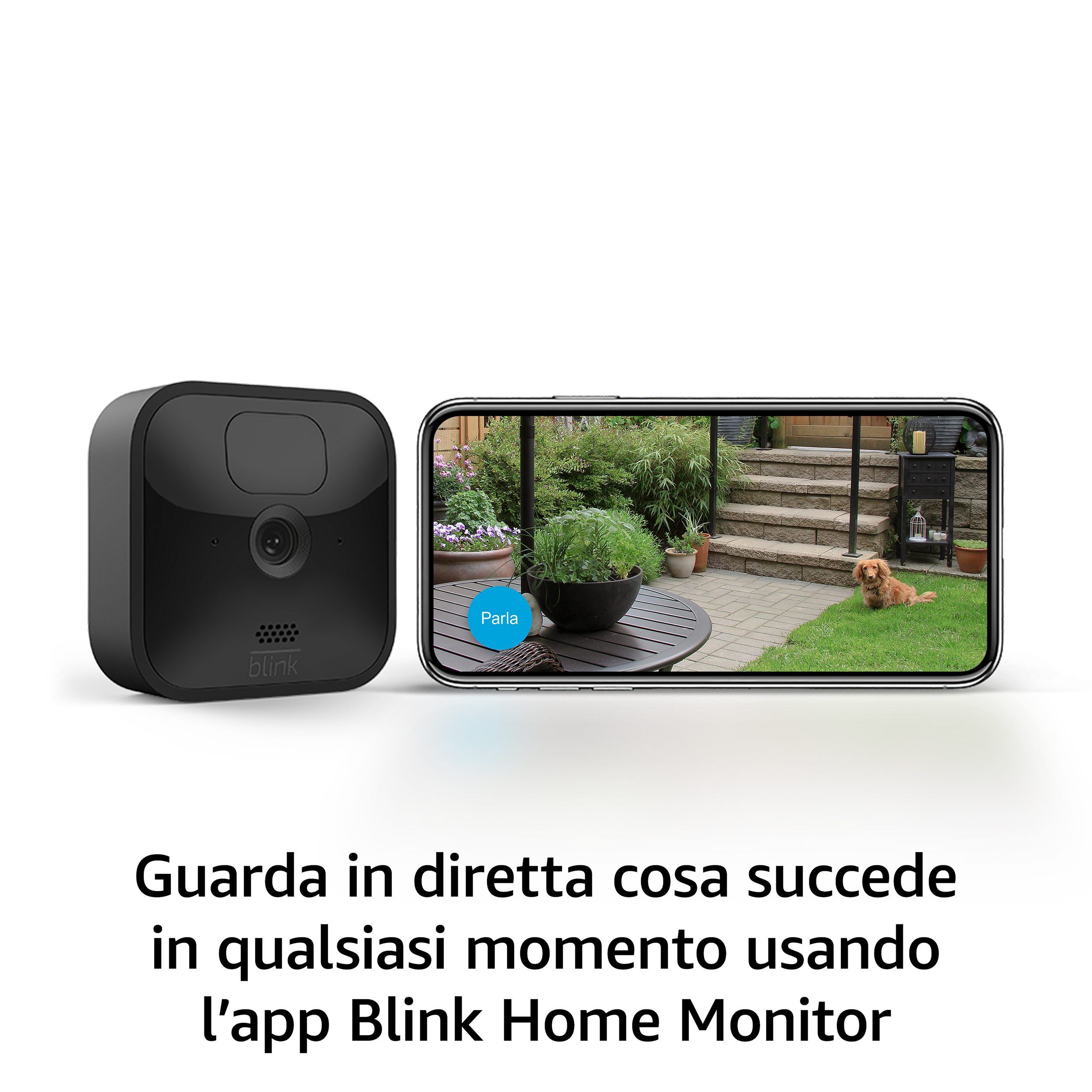 Cámara de seguridad negra y un teléfono que muestra la señal de la cámara de un patio con un perro.