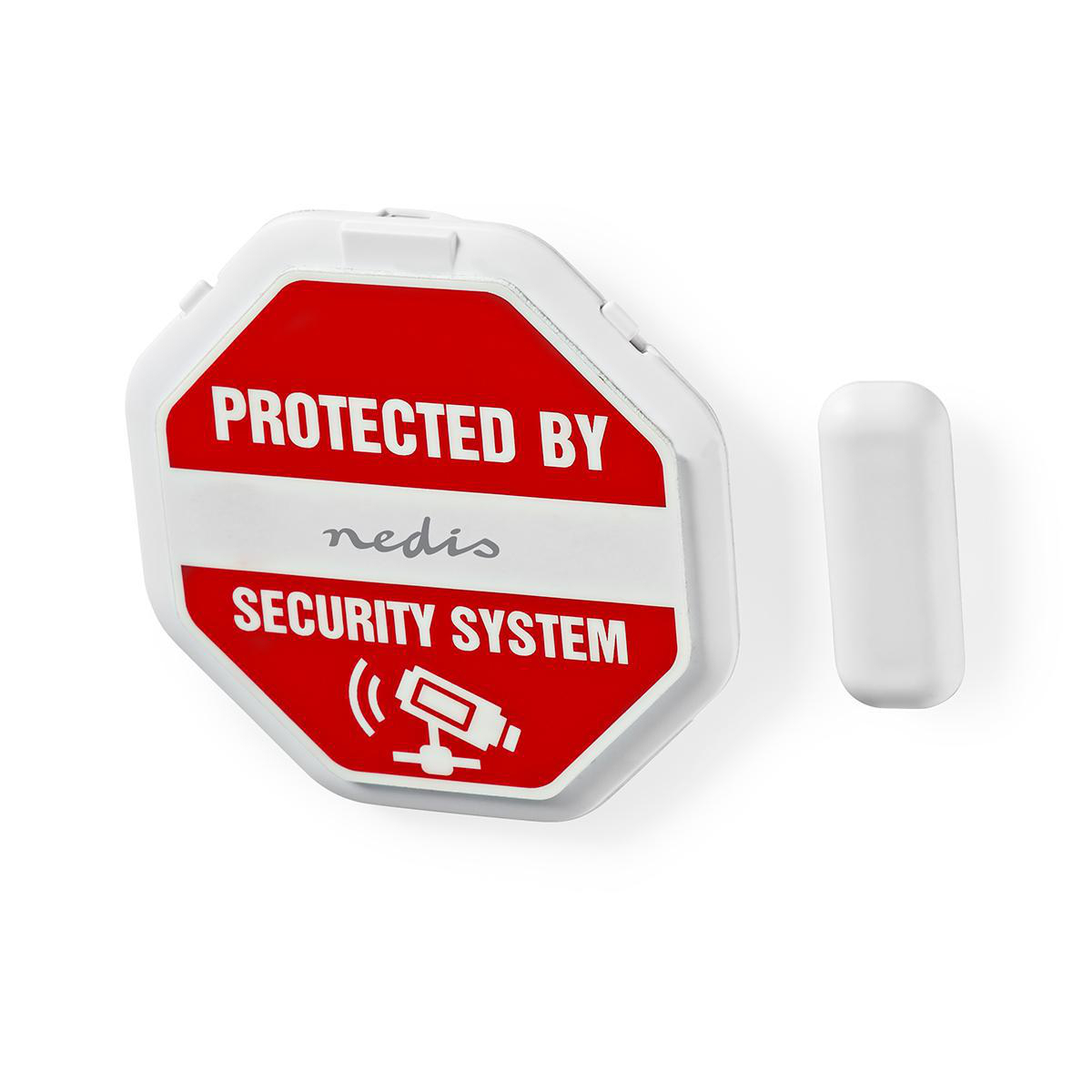 Un cartello del sistema di sicurezza con un simbolo di sirena e un sensore bianco staccato.