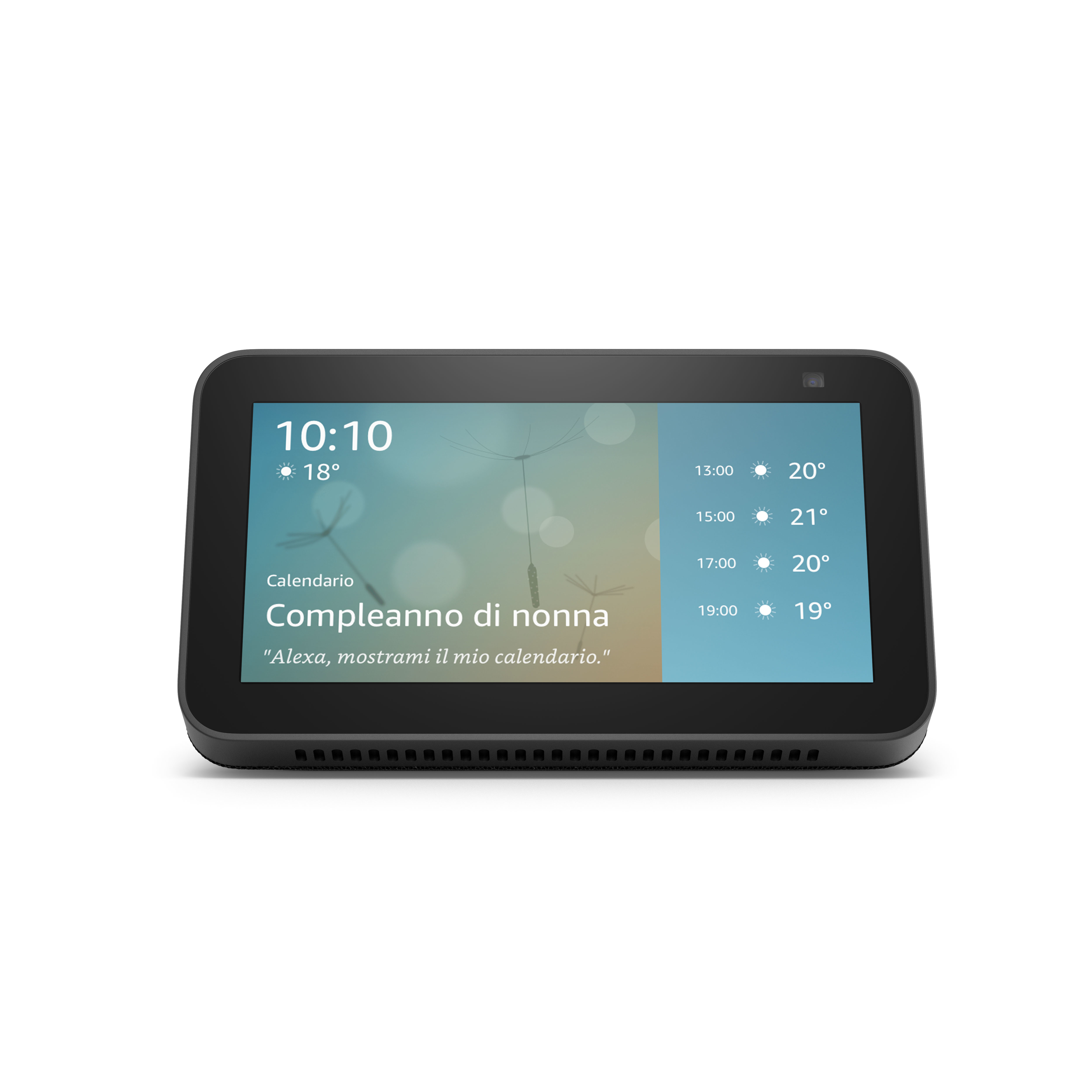 Schwarzes Smart-Display mit Uhrzeit, Temperatur und Kalendereintrag. Der Bildschirm vor weißem Hintergrund.