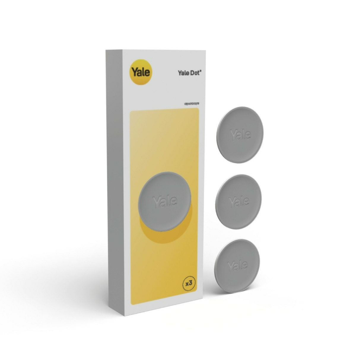 Pudełko Yale Dot z 3 szarymi, okrągłymi etykietami z boku.