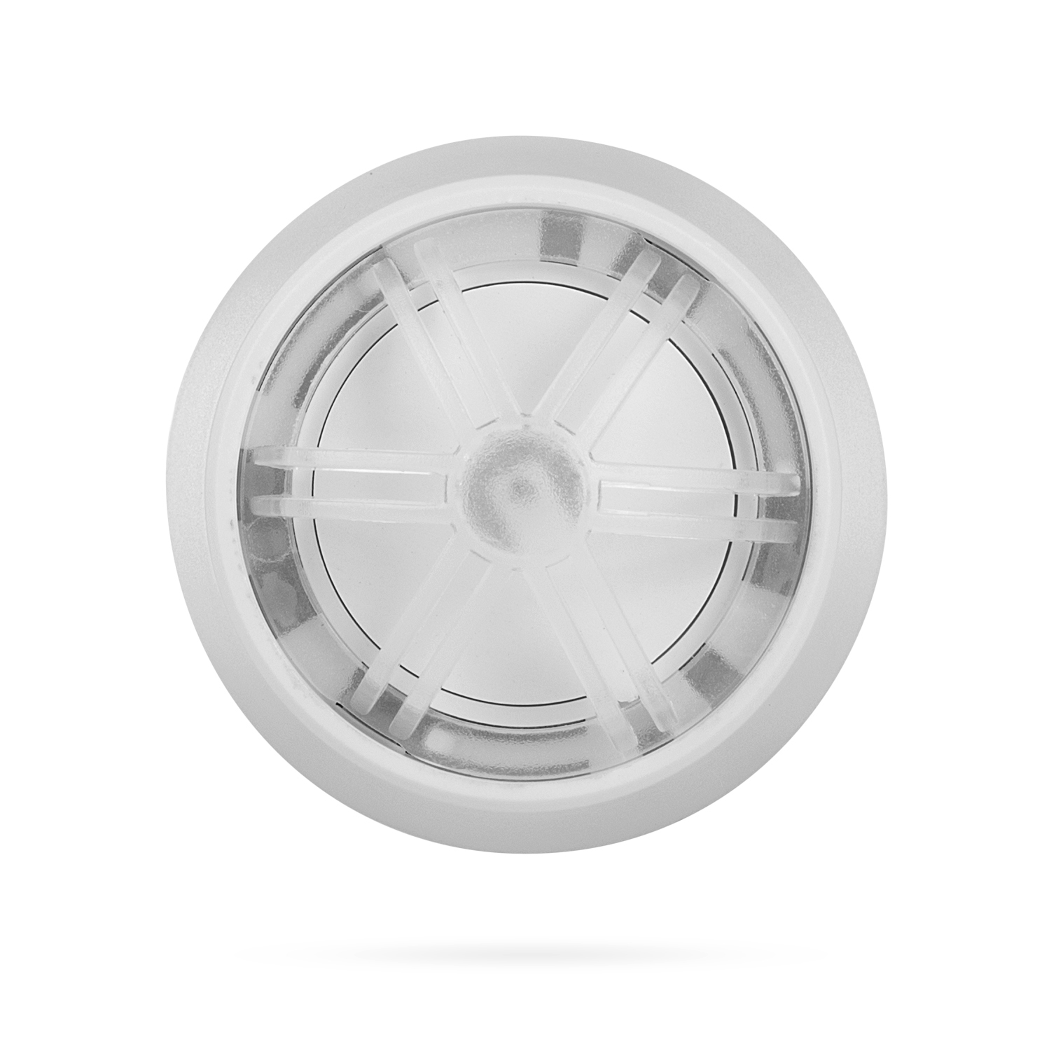 Biała czujka dymu z przezroczystą plastikową osłoną.