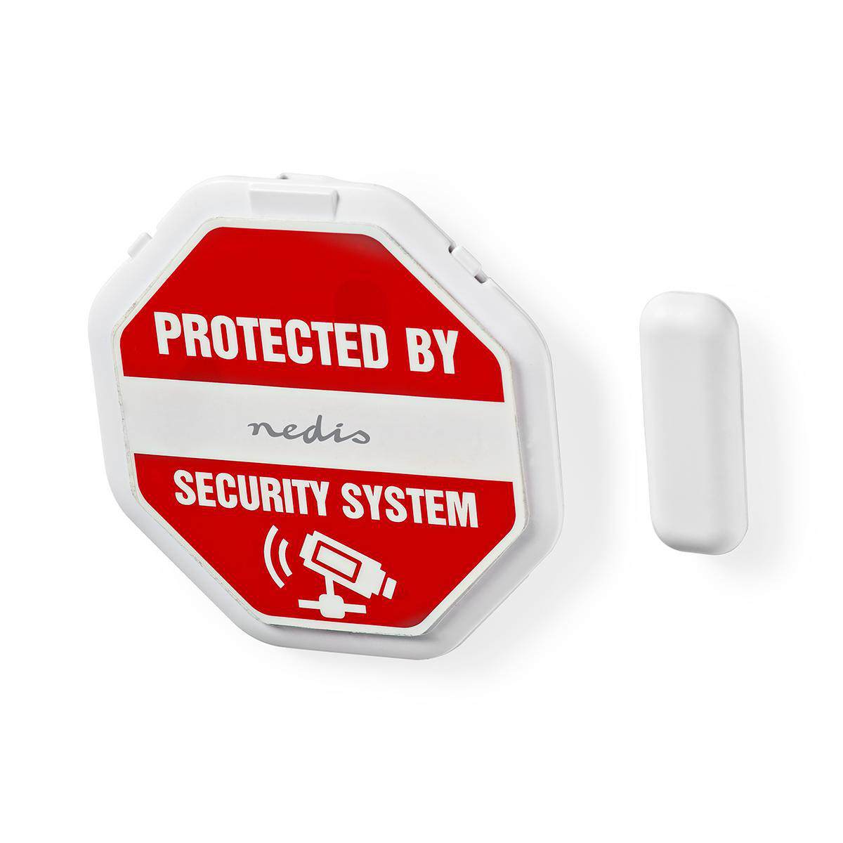 Dispositivo di sicurezza bianco e rosso con un rettangolo bianco accanto. Il dispositivo ha una forma ottagonale rossa e bianca.