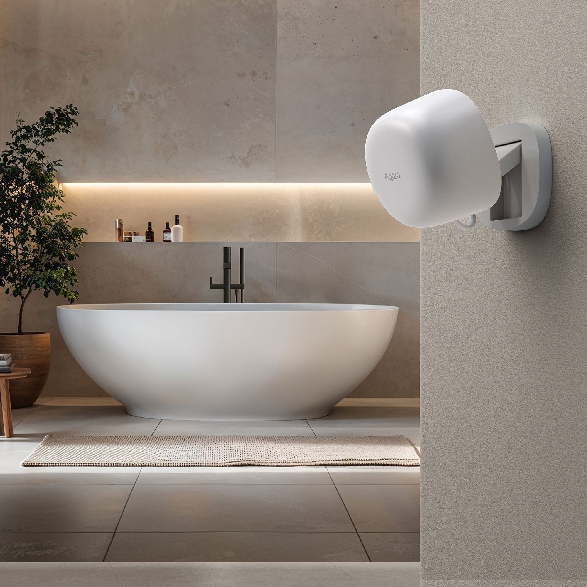 Weißes Aqara-Gerät an einer Wand in einem Badezimmer mit Badewanne montiert. Das Gerät ist weiß und quadratisch.