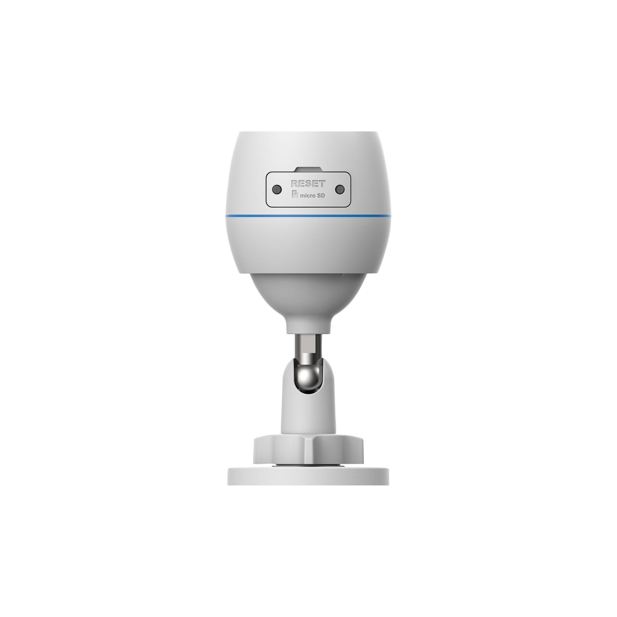 Telecamera di sicurezza bianca con supporto. Testo Reset e micro SD. Dettaglio linea blu. Isolato su bianco.
