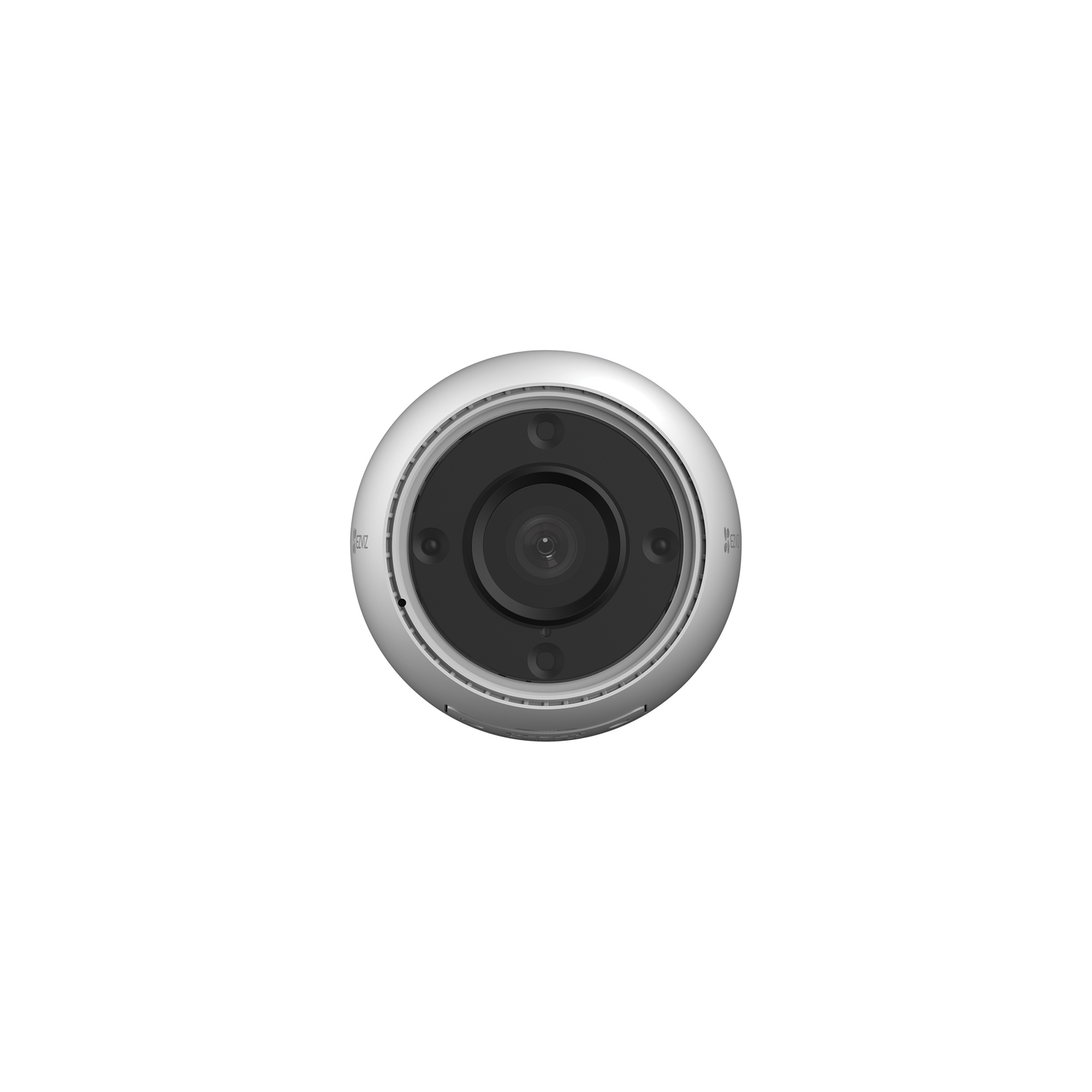 Vista dall'alto di una piccola telecamera di sicurezza rotonda. Obiettivo scuro con quattro lenti nere. Alloggiamento argentato.