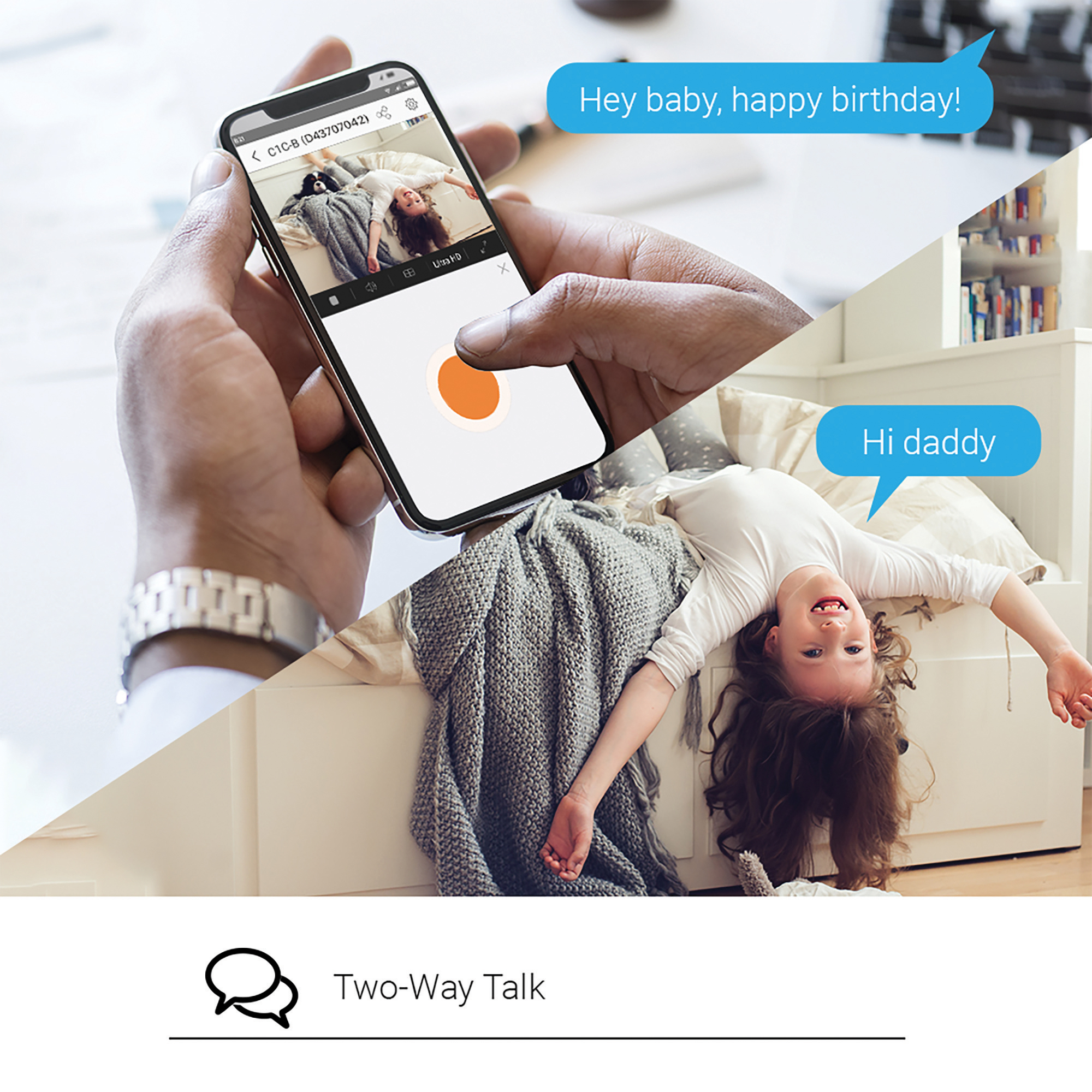 Osoba trzymająca telefon z rozmową wideo z dzieckiem. Widoczne dymki z tekstem.