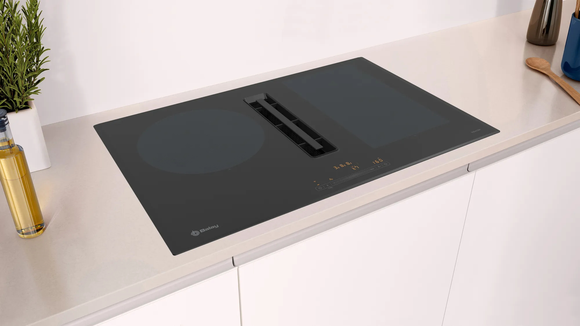 Czarna płyta grzewcza z wbudowanym okapem, na białym blacie kuchennym.