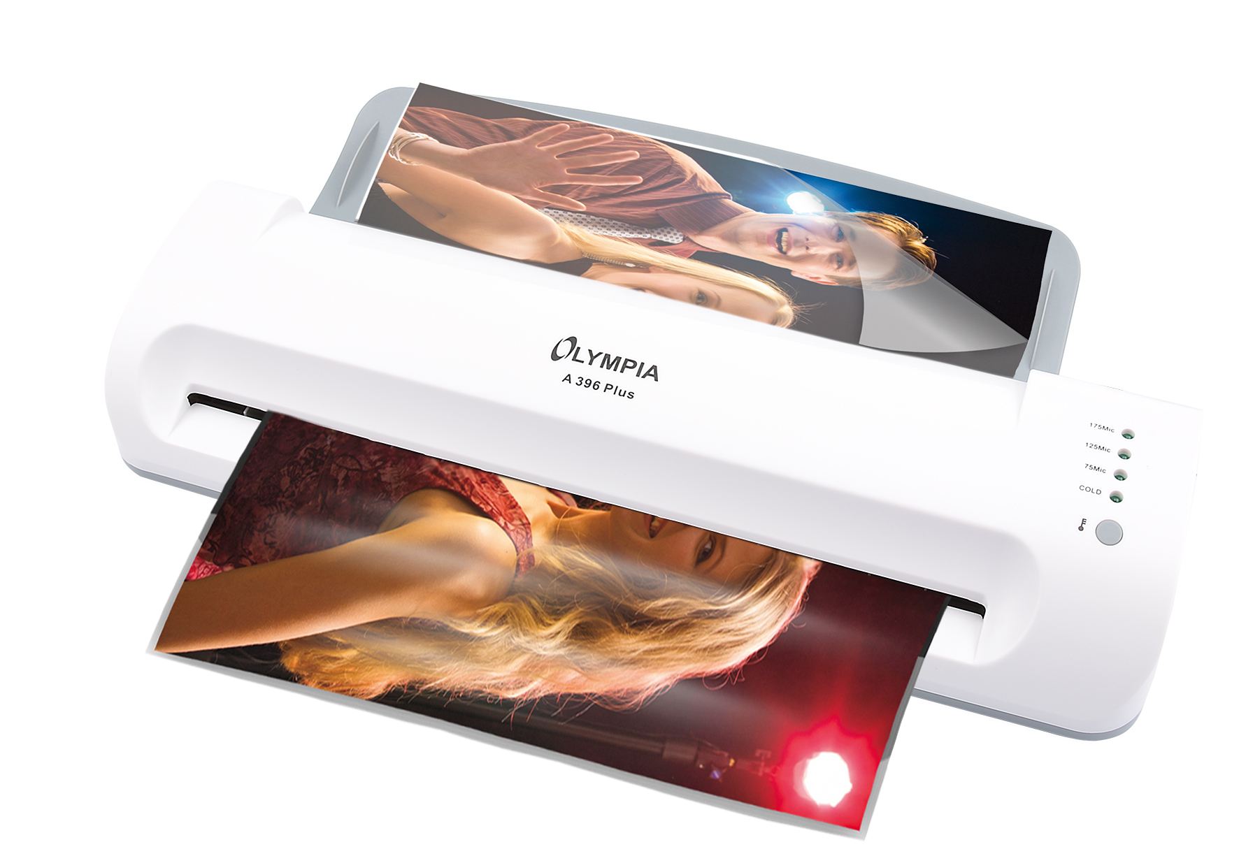 Weißes Laminiergerät mit zwei laminierten Fotos. Modell Olympia A396 Plus.