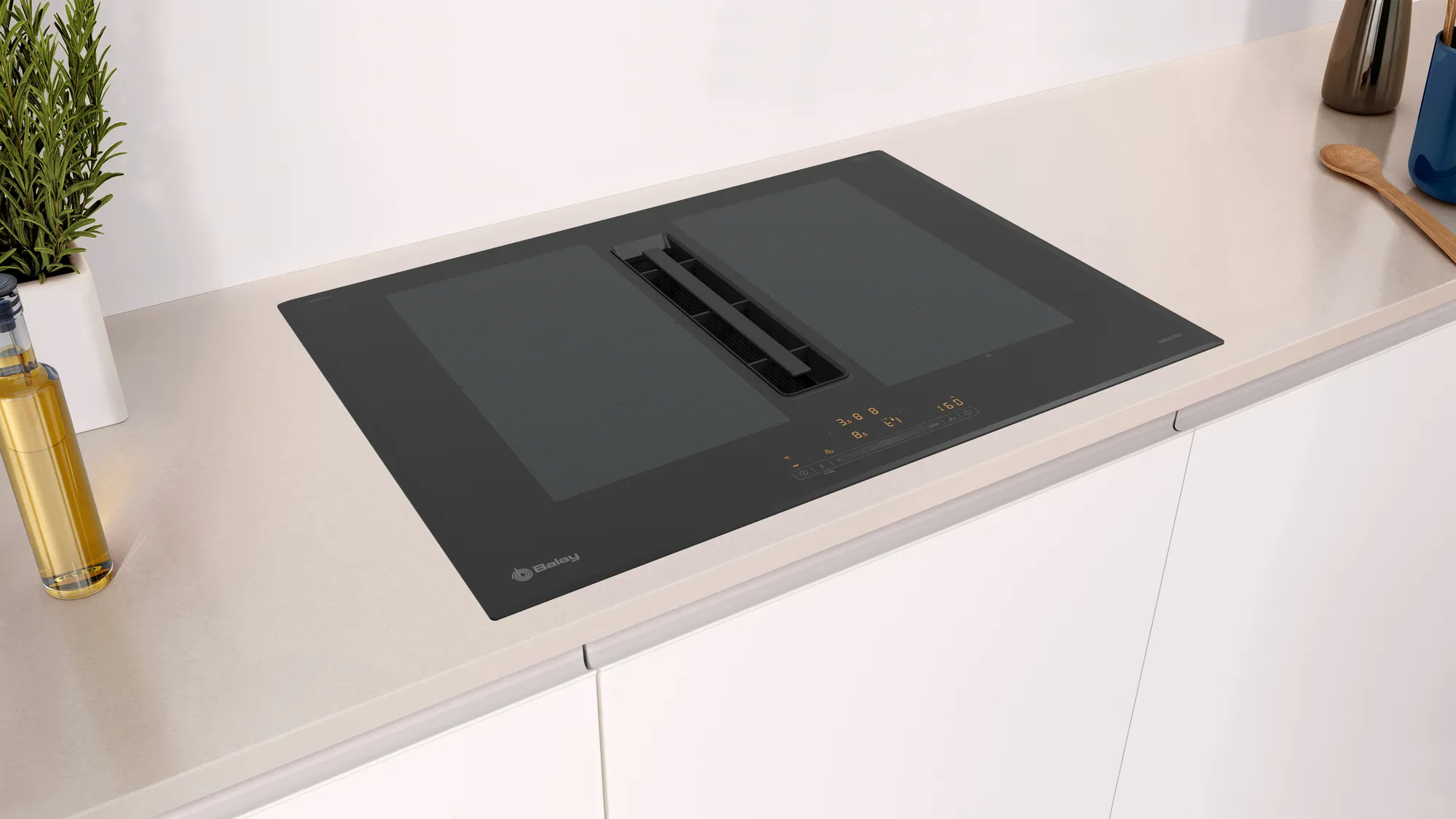 Czarna płyta grzewcza z wentylacją, biały blat, zielona roślina.