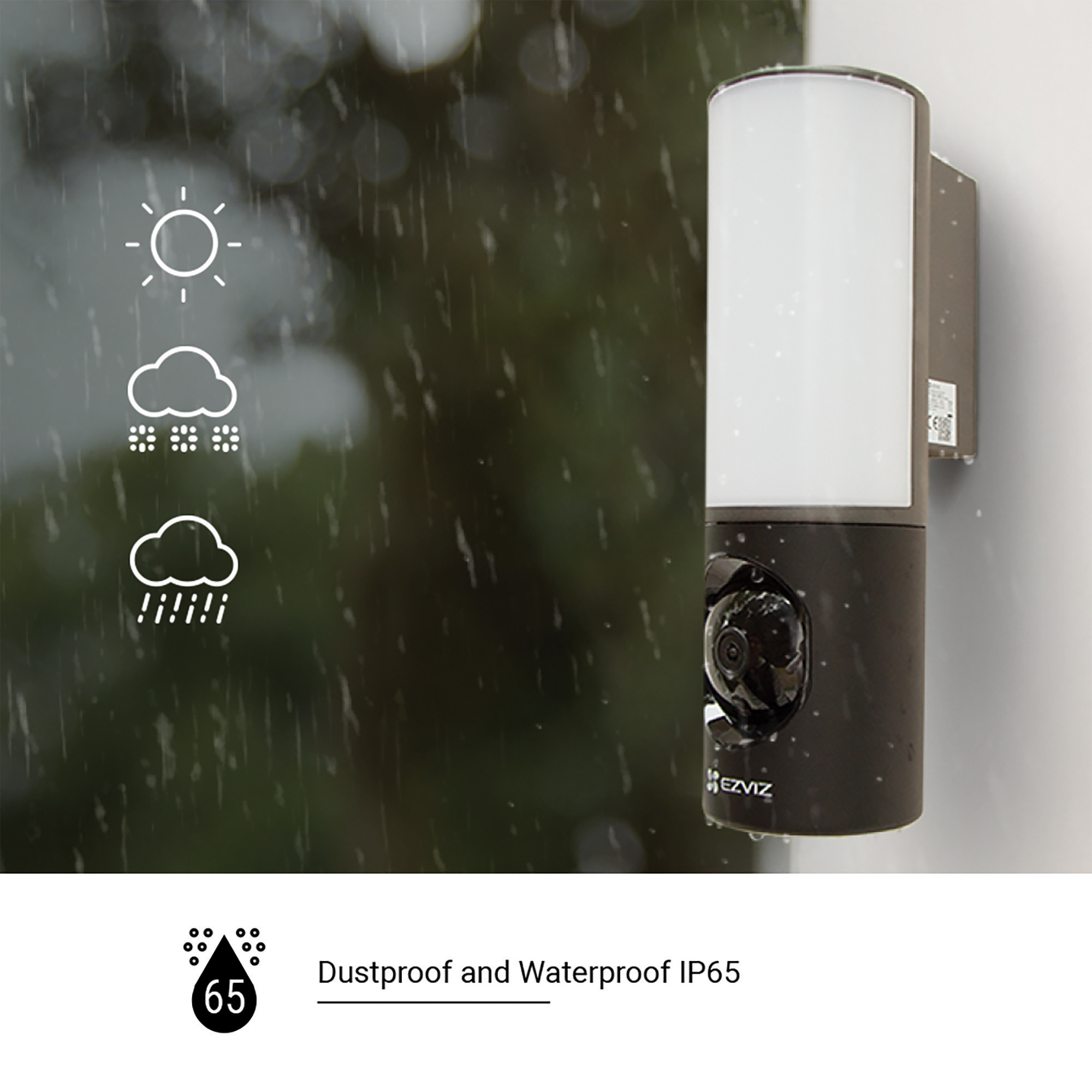 Kamera bezpieczeństwa zewnętrznego na ścianie. Ikony wskazują warunki pogodowe. Kamera jest czarna.