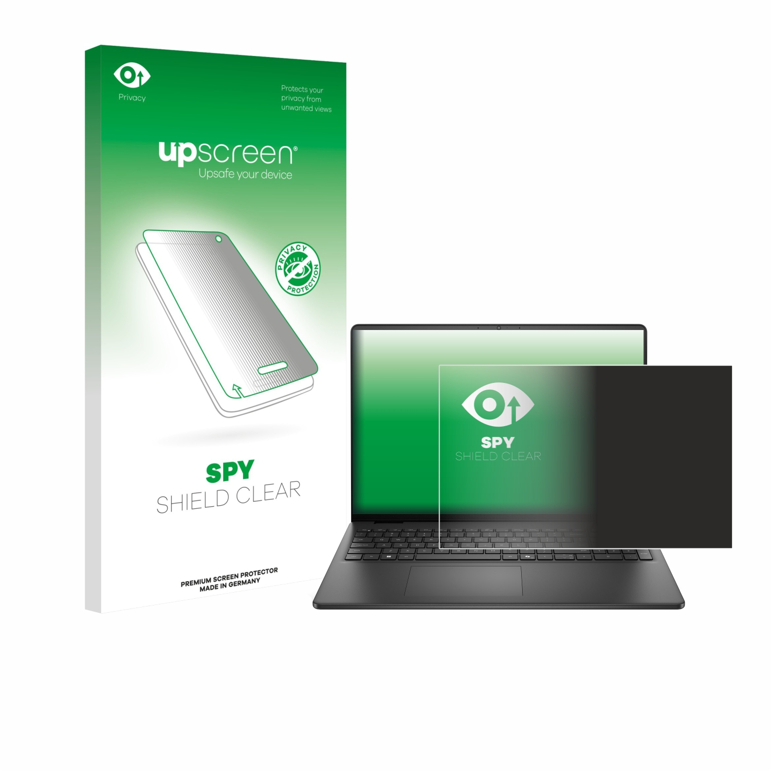 Laptop mit Datenschutz-Displayschutz, Box mit der Aufschrift 'Spy Shield Clear', grün und schwarz.