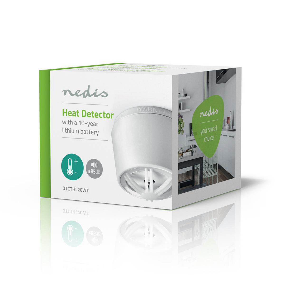 White and green box with a heat detector. A white detector is visible, the box has text and logo.