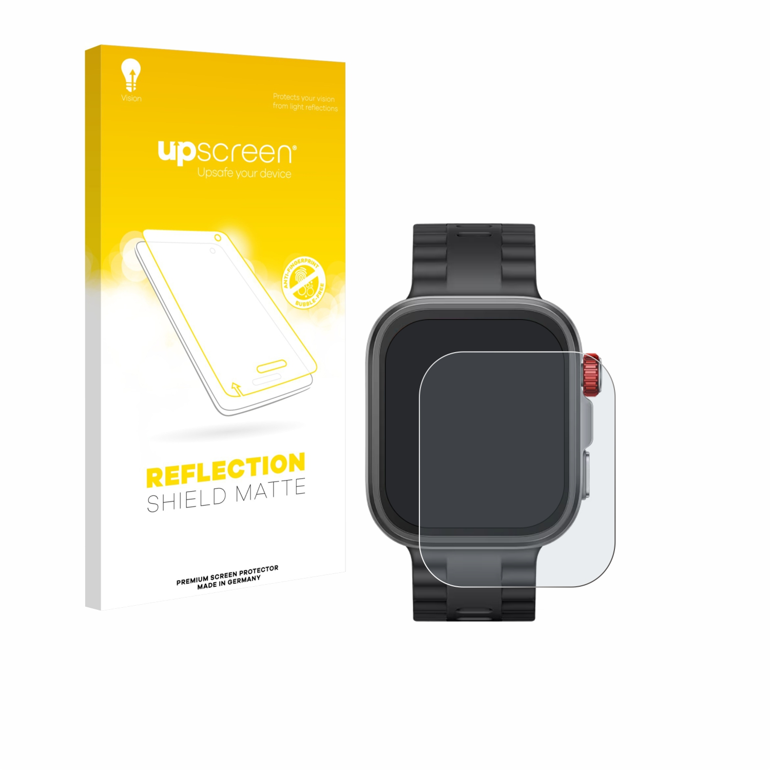 Gelbe Box mit "Reflection Shield Matte", Displayschutzfolie und Smartwatch.