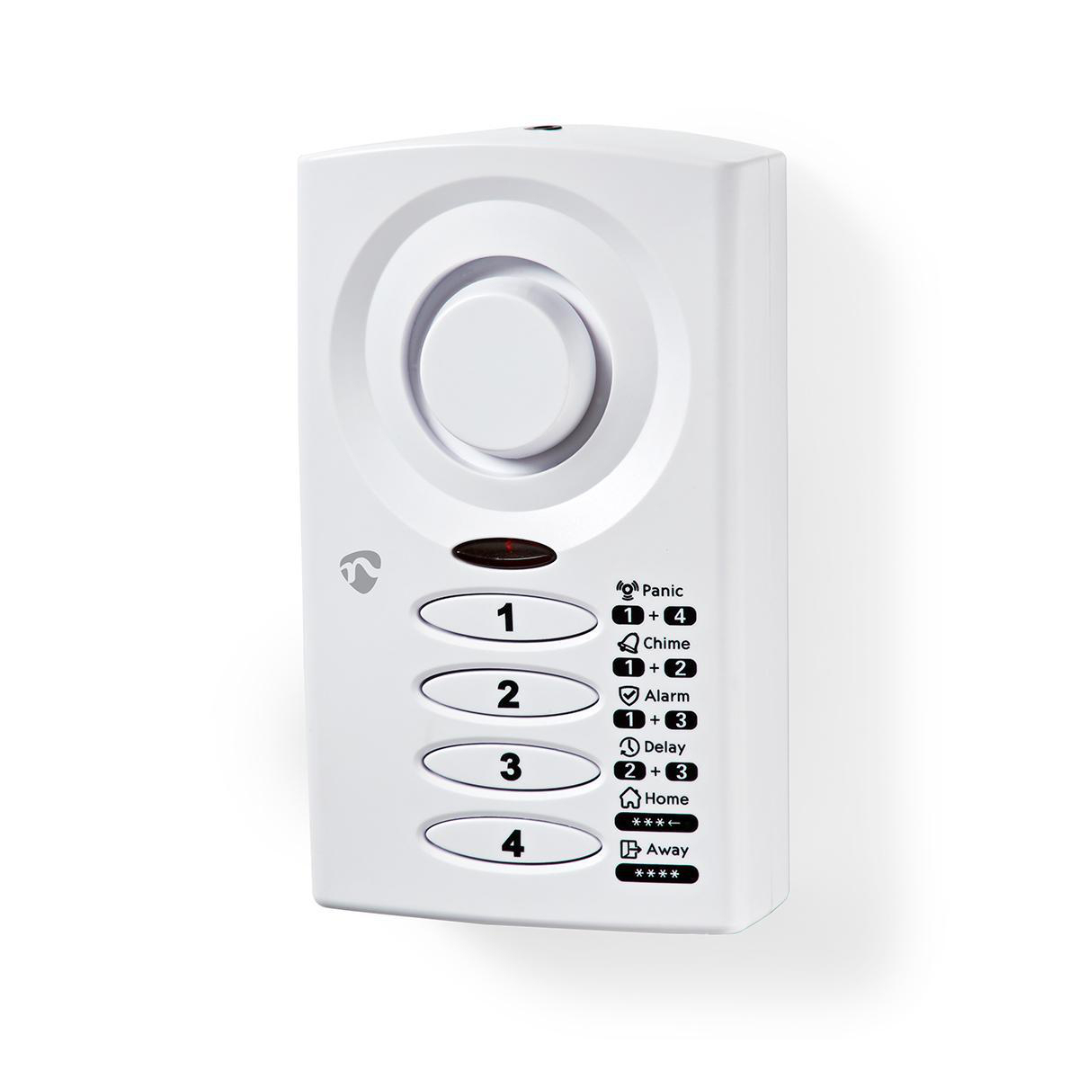 Dispositivo di sicurezza bianco con pulsanti numerati da 1 a 4 e una luce rossa.