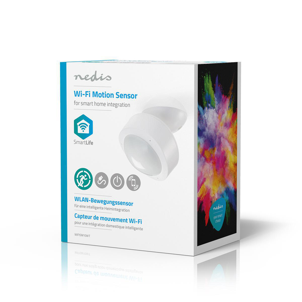 Białe pudełko z czujnikiem ruchu Wi-Fi, z kolorowym rozpryskiem i logo integracji inteligentnego domu.