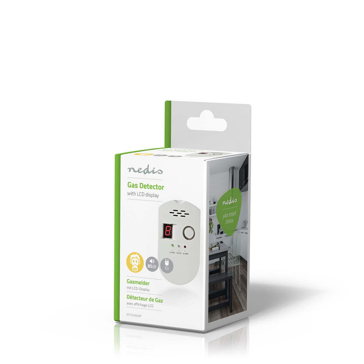 Eine Box für einen Gasdetektor mit LCD-Display. Die Box hat ein grünes und weißes Design.