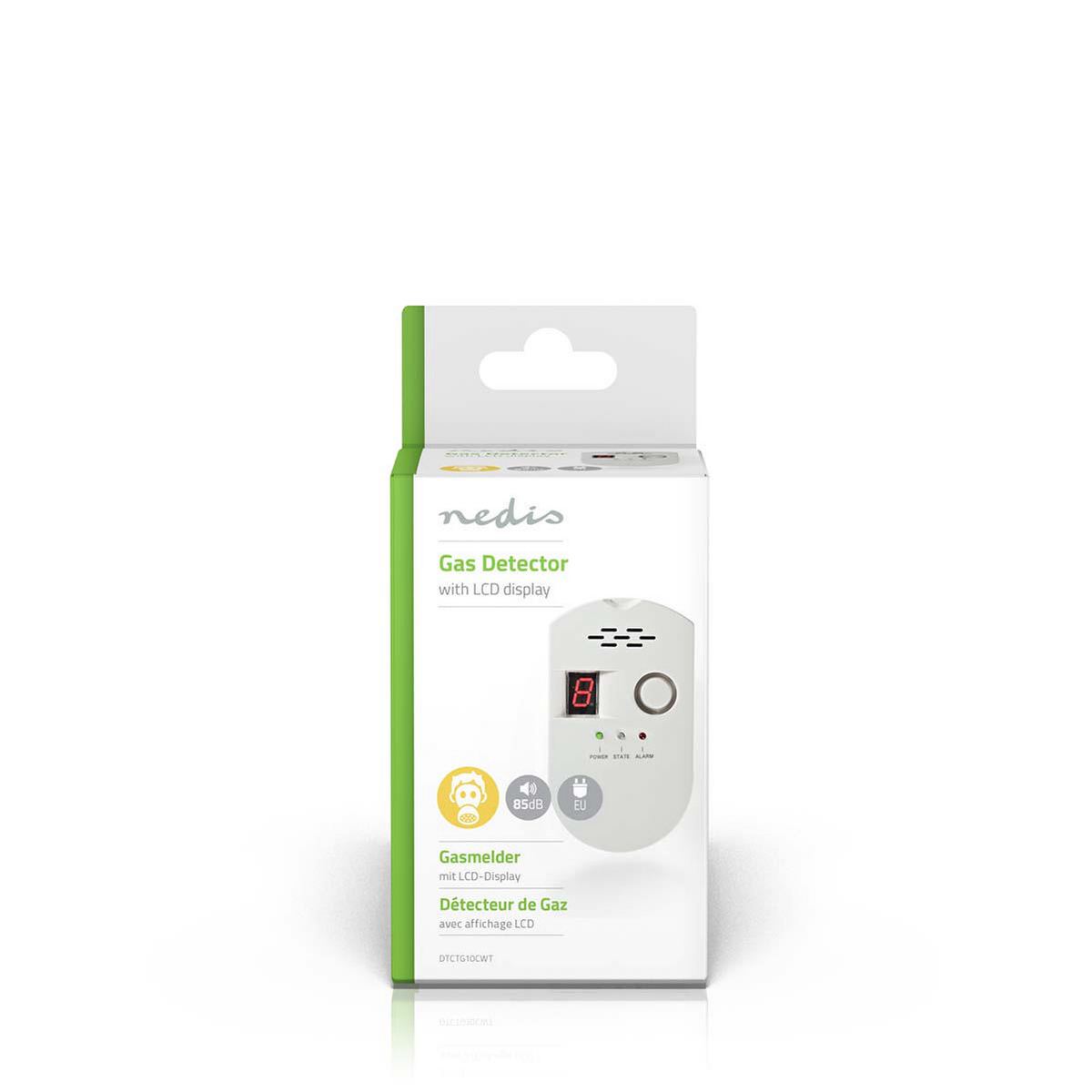 Gasdetektor mit LCD-Anzeige, in Verpackung, weißer Hintergrund.