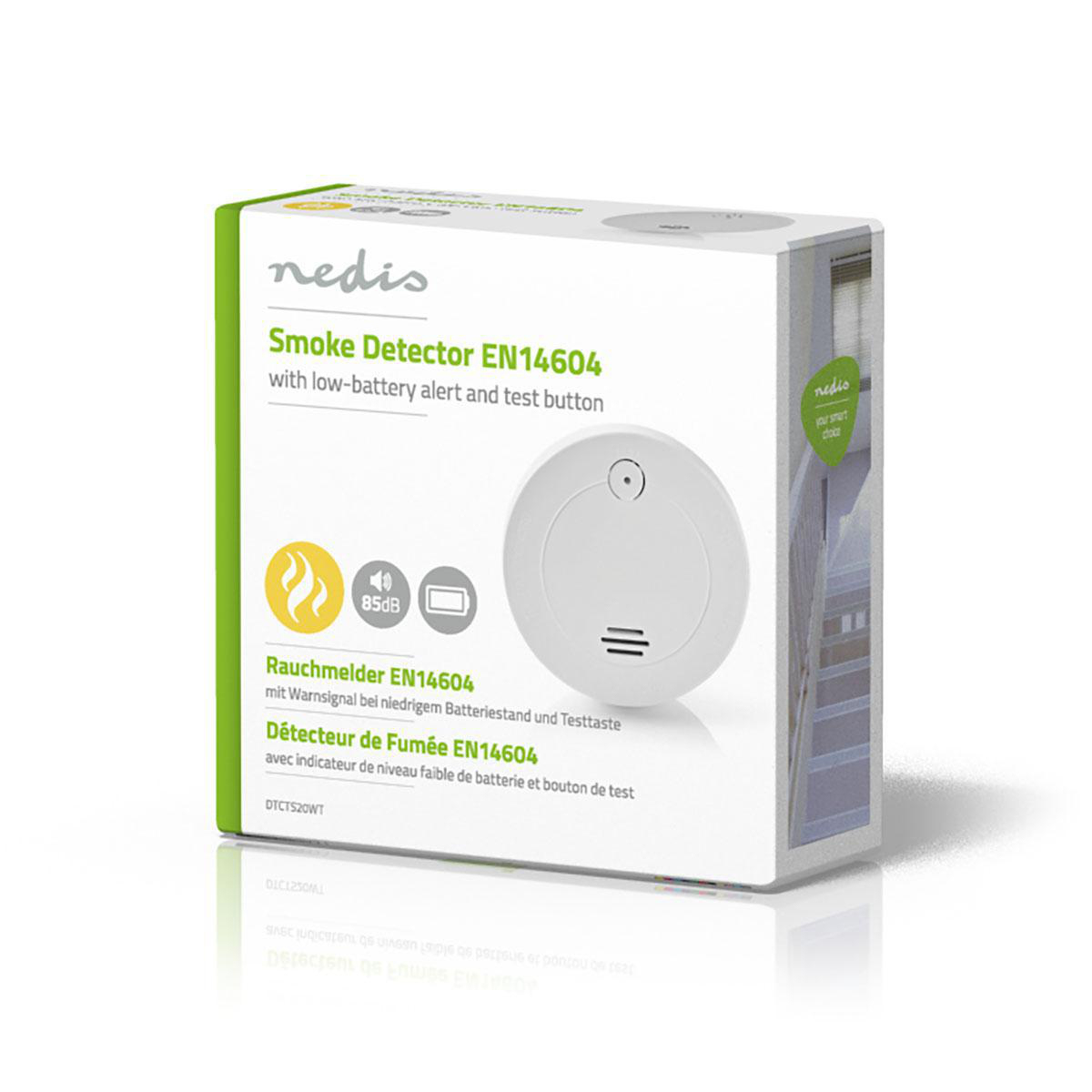 Pudełko czujnika dymu ze zdjęciem czujnika, marką i tekstem.