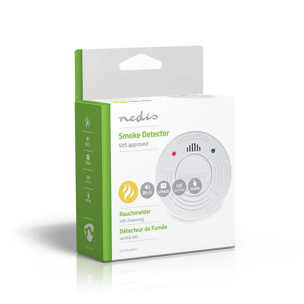 Białe pudełko czujnika dymu z tekstem i diagramami. Zawiera słowo 'Smoke Detector'.