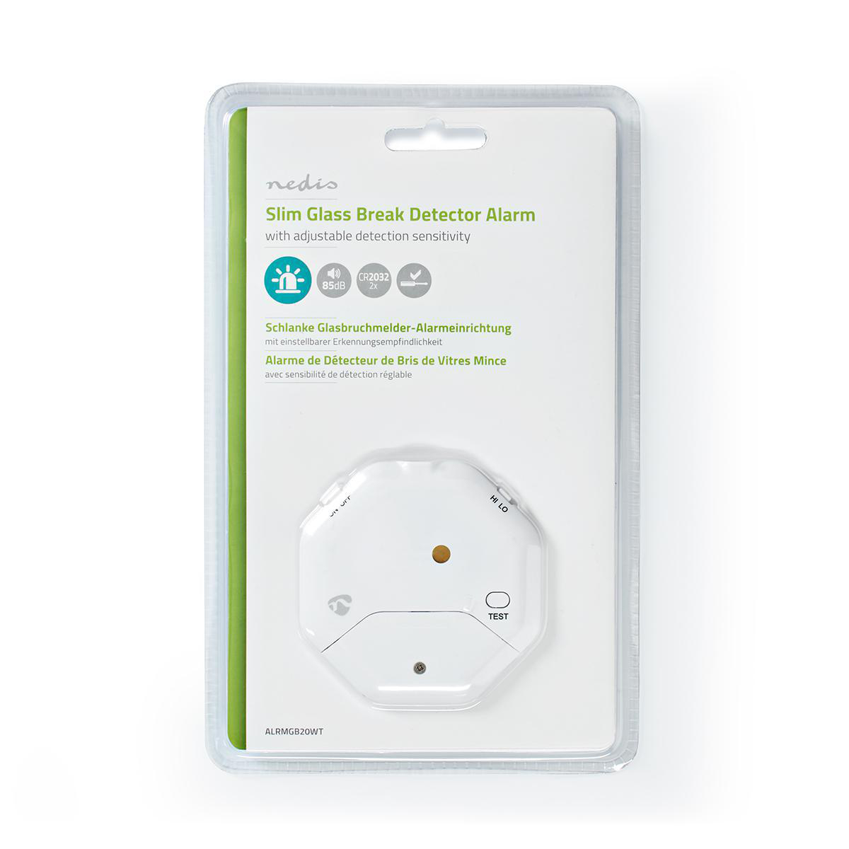 Czujnik dymu w opakowaniu, z tekstem w wielu językach.