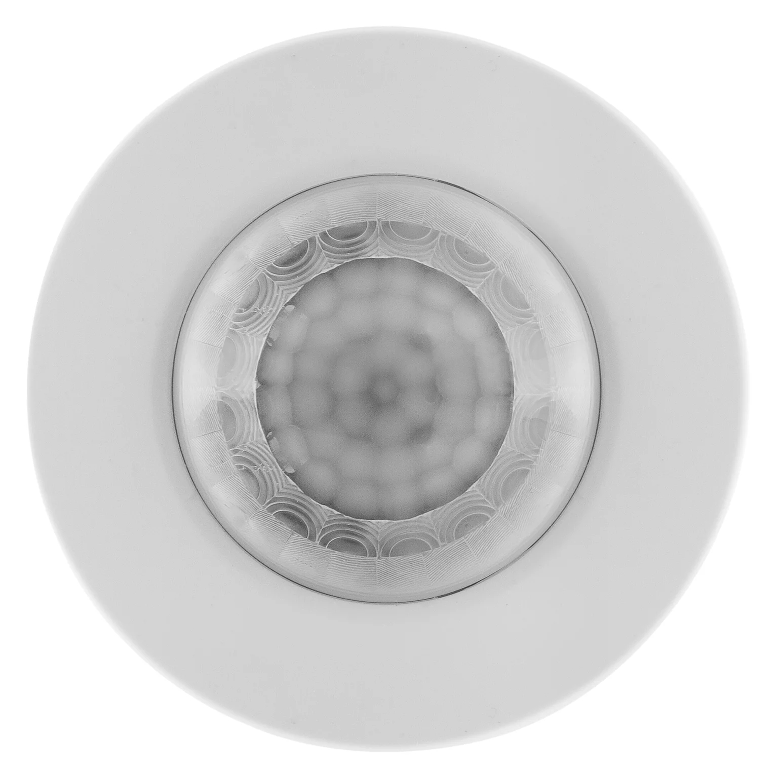 Détecteur de mouvement PIR blanc, rond, monté au plafond avec lentille claire.