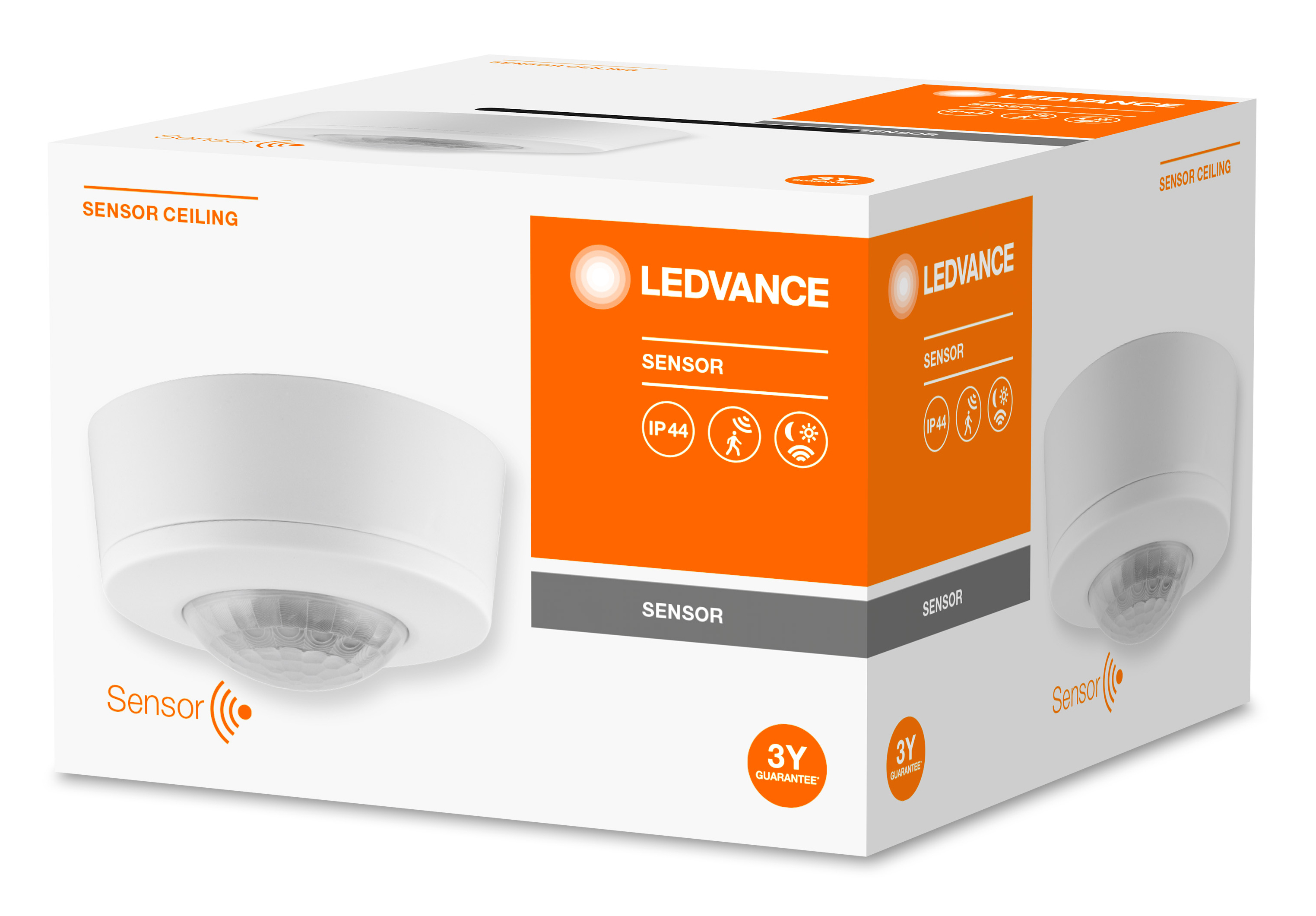 Capteur LEDVANCE blanc dans une boîte. La boîte est blanche et orange avec la marque et les détails du capteur.